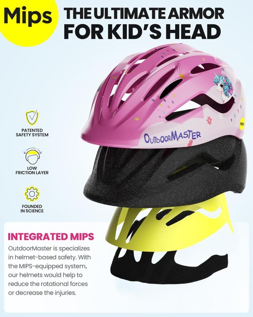 OutdoorMaster MIPS Kids Bike Helmet - Panther Jr. Toddler Helmet - Adjustable, Lightweight and Certified Kids Helmet - MIPS Bicycle Helmet for Kids Ages 5-13 - Pink Unicorn