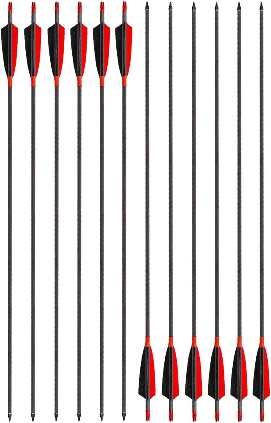 Archery Carbon Arrows 400 Spine with 4” Real Feather Fletching 100 Grain Points for Compound Recurve Longbow (12 Pack)