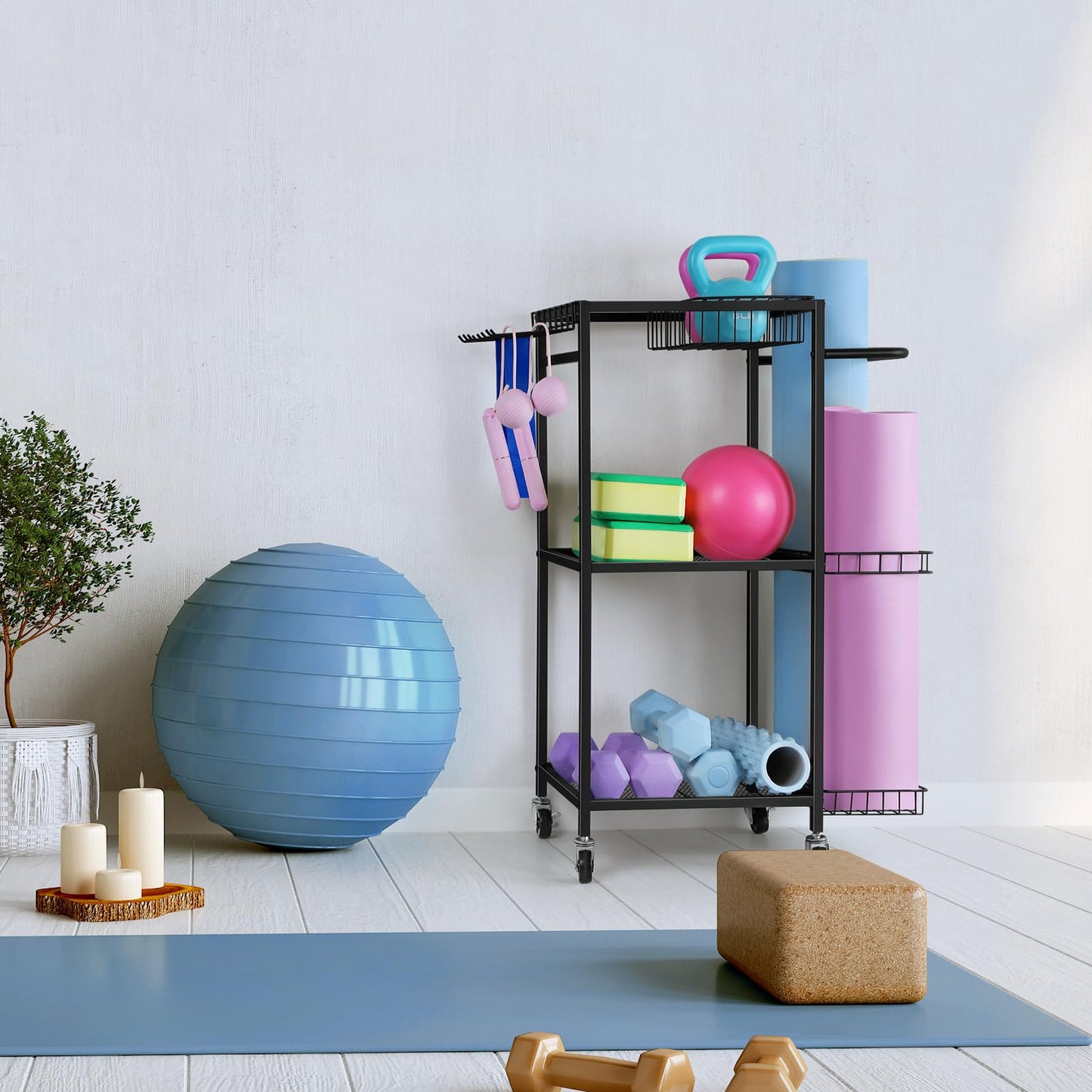 Yoga Rack Black Weight Rack for Home Gym Small Dumbell Rack Workout Equipment Storage Cart for Weights, Yoga Mats, Kettlebells, Foam Rollers, and Resistance Bands, Black