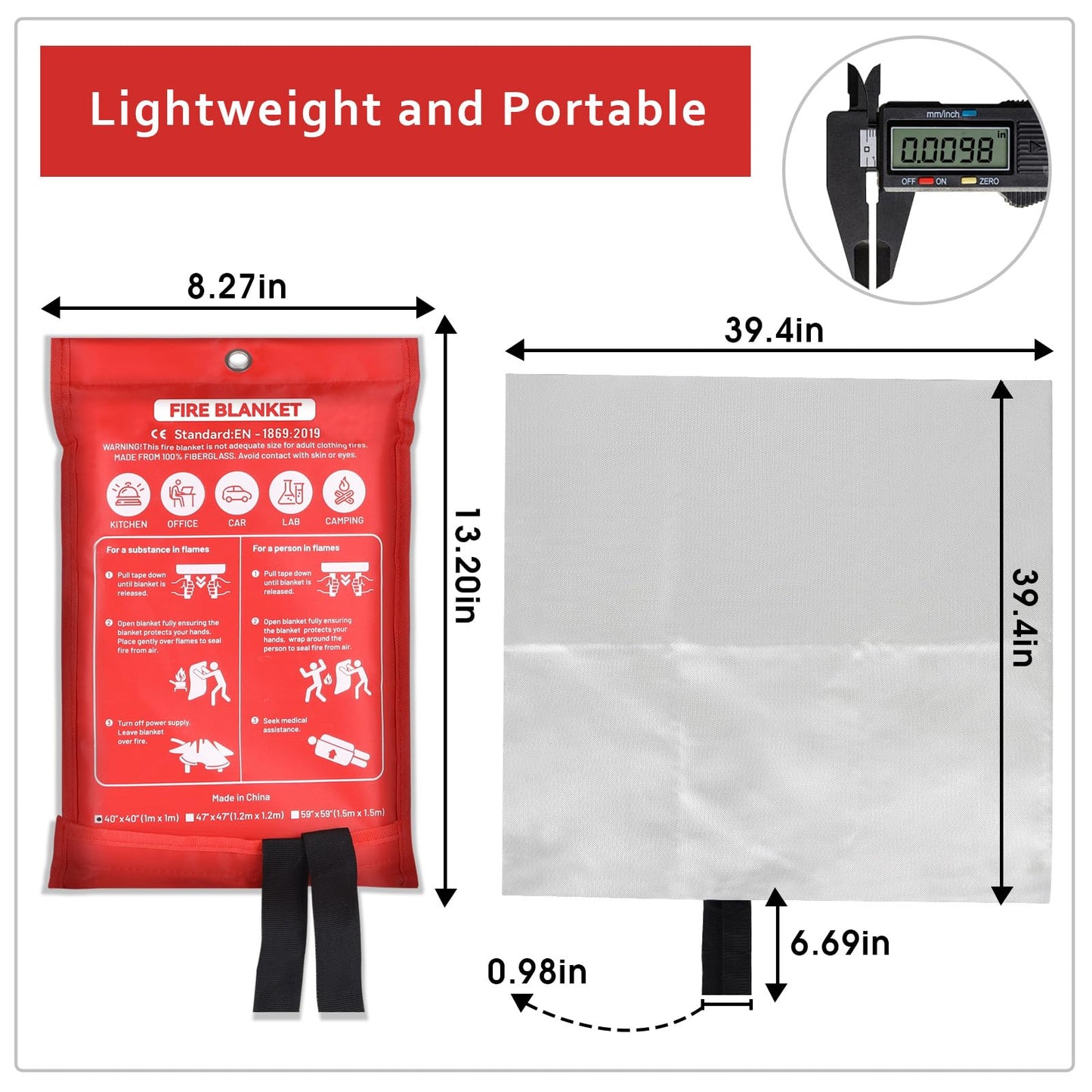 Kasutu 2 Pack Emergency Fire Blanket, 40"x40" Fiberglass Fire Suppression Blanket with 2 Hooks, Flame Prevention Supplies for Home Kitchen Office Car Camping Grill