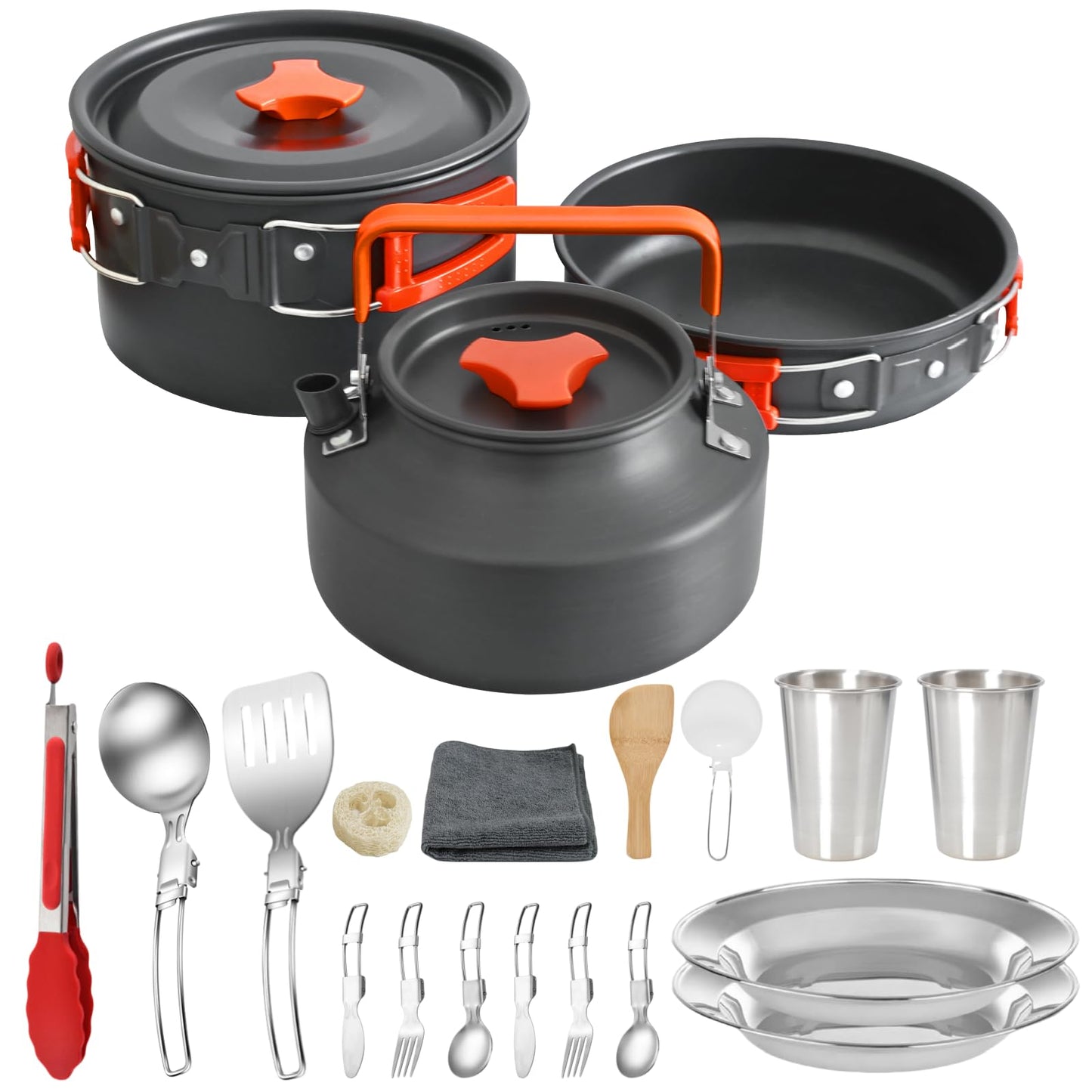 JUSFANE 20Pcs Camping Cookware Mess Kit, Non-Stick Lightweight Camping Pots and Pans with 1.1L Kettle, 2 Set Stainless Steel Cups Plates Forks Knives Spoons for Backpacking, Hiking, Outdoor Cooking