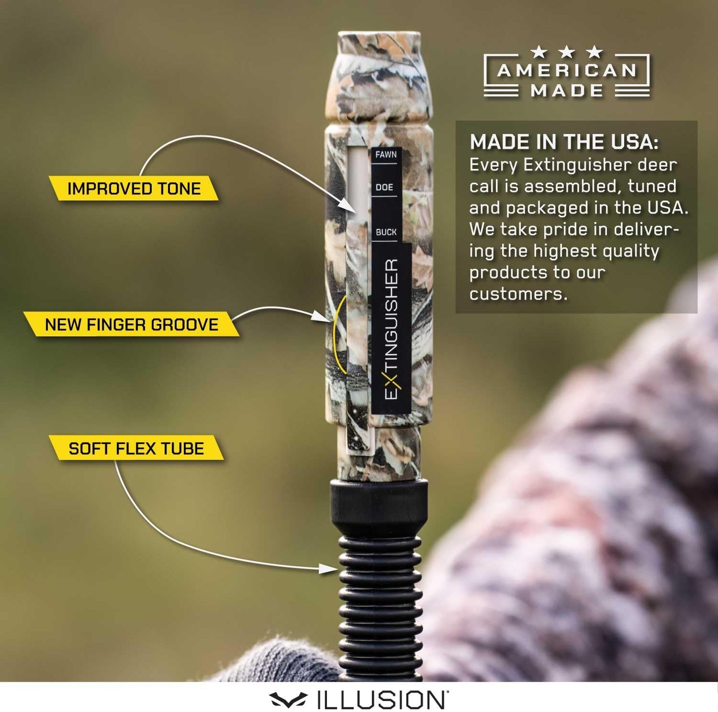 Extinguisher Deer Call by Illusion | Grunt Tube | Buck, Doe, Fawn | Adjustable 10-in-1 Call | Color (CAMO/Black) | Freeze Resistant