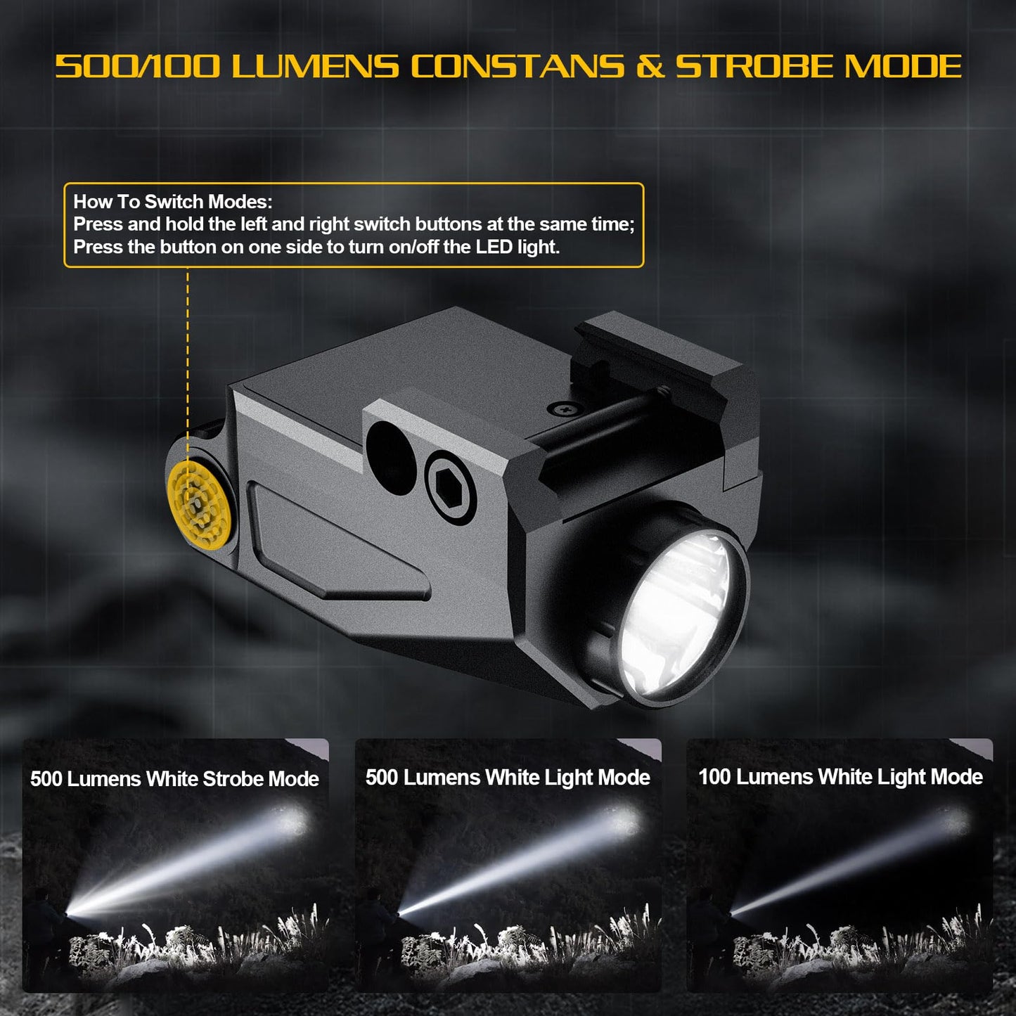 800 Lumens Compact Tactical Weapon Light with Strobe Function, Mini Pistol Picatinny Rail Mounted, USB-TypeC Rechargeable, Aluminum Flashlight for Gun Includes High, Low Lumens