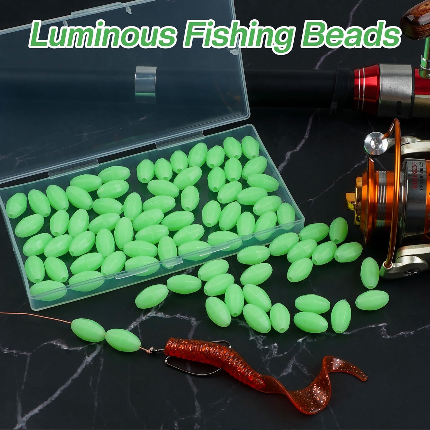 JSHANMEI Glow Fishing Beads Hard Plastic Luminous Fishing Beads Green Oval Bait Egg Bead Fishing Lures Saltwater Freshwater Salmon Trout Fishing Tool 80pcs