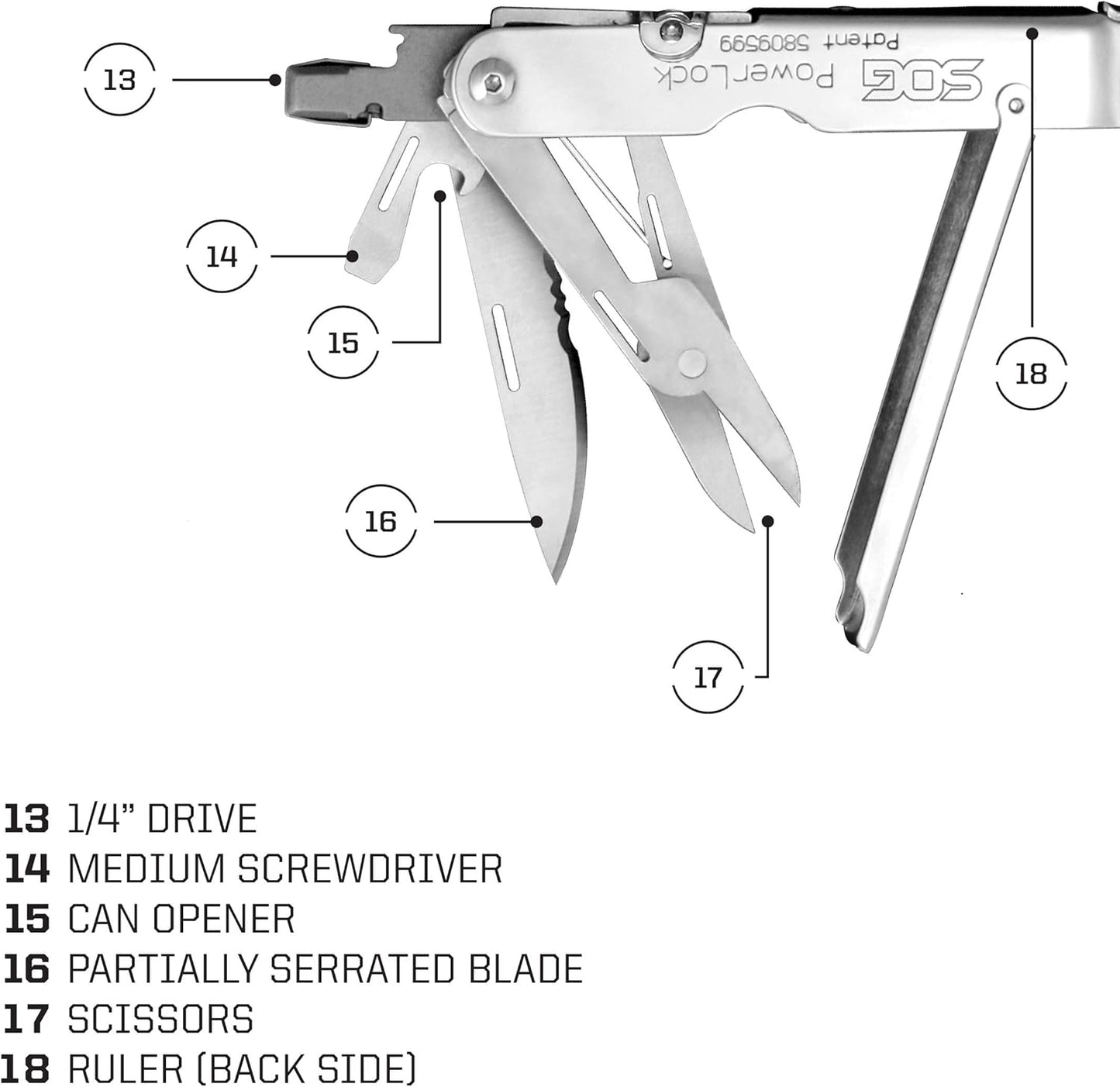 SOG PowerLock Multi-Tool- Compound Leverage Technology with EOD Crimper Device, 420 Stainless Steel Body, 18 Lightweight Specialty Tools (B61N-CP) , Black