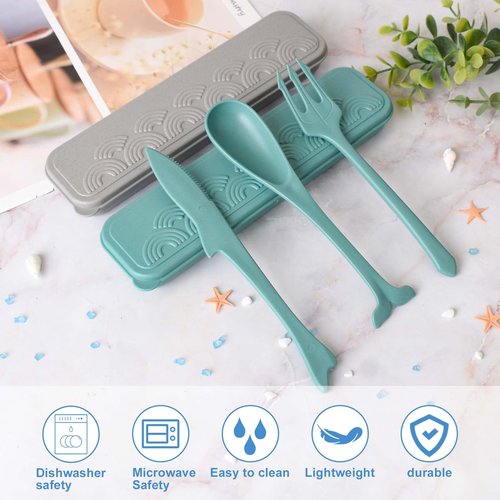 Reusable Travel Utensils Set with Case, Ocean Themed Plastic Cutlery Set Fork and Spoon Set for Lunch Box Accessories, Portable Flatware Utensil Set for Daily Use or Outdoor (gray + dark green)