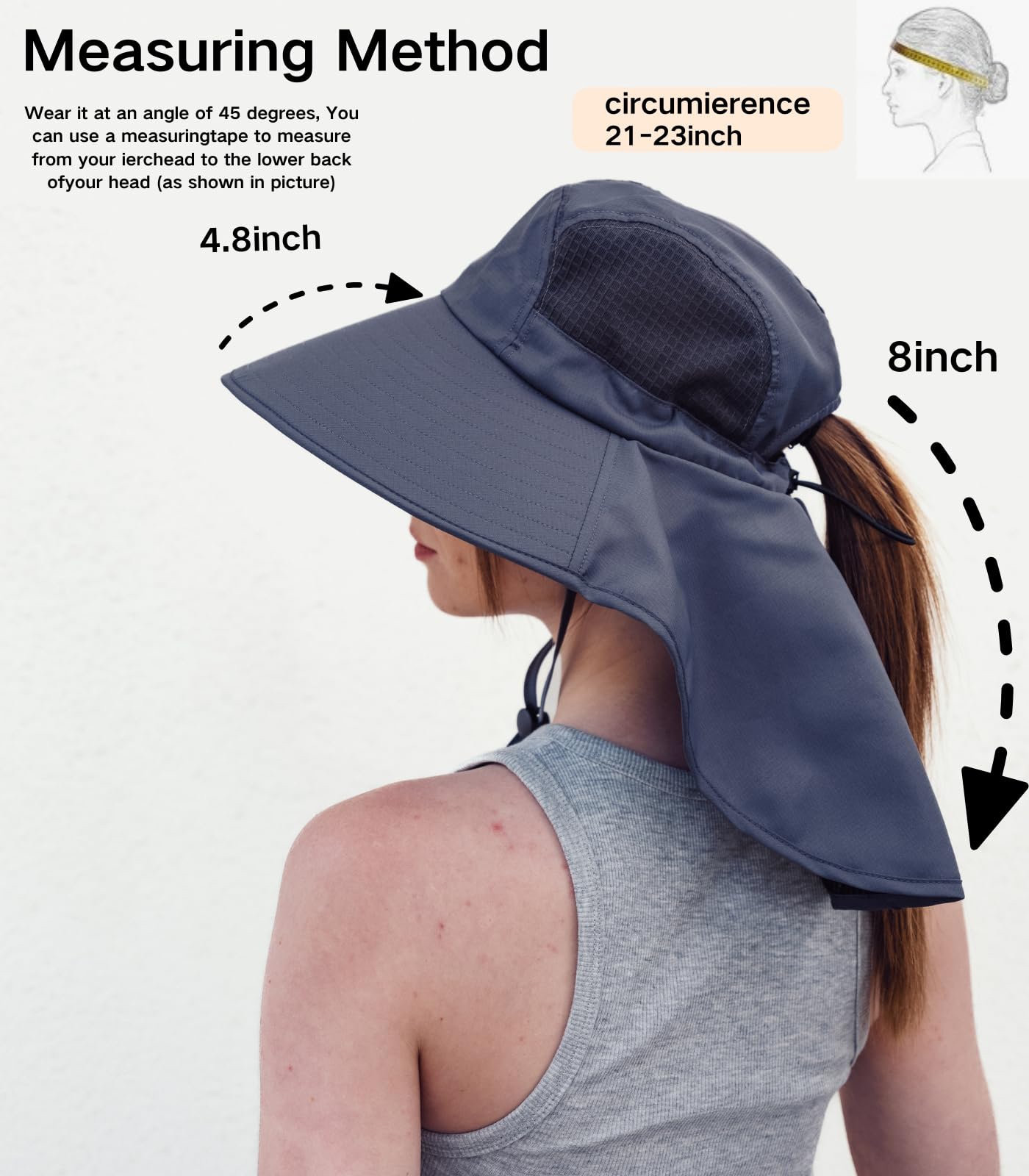 UV Sun Protection Hat Women Foldable Neck Flap Wide Brim Hiking Hat with Ponytail Hole for Women Dark-Gray