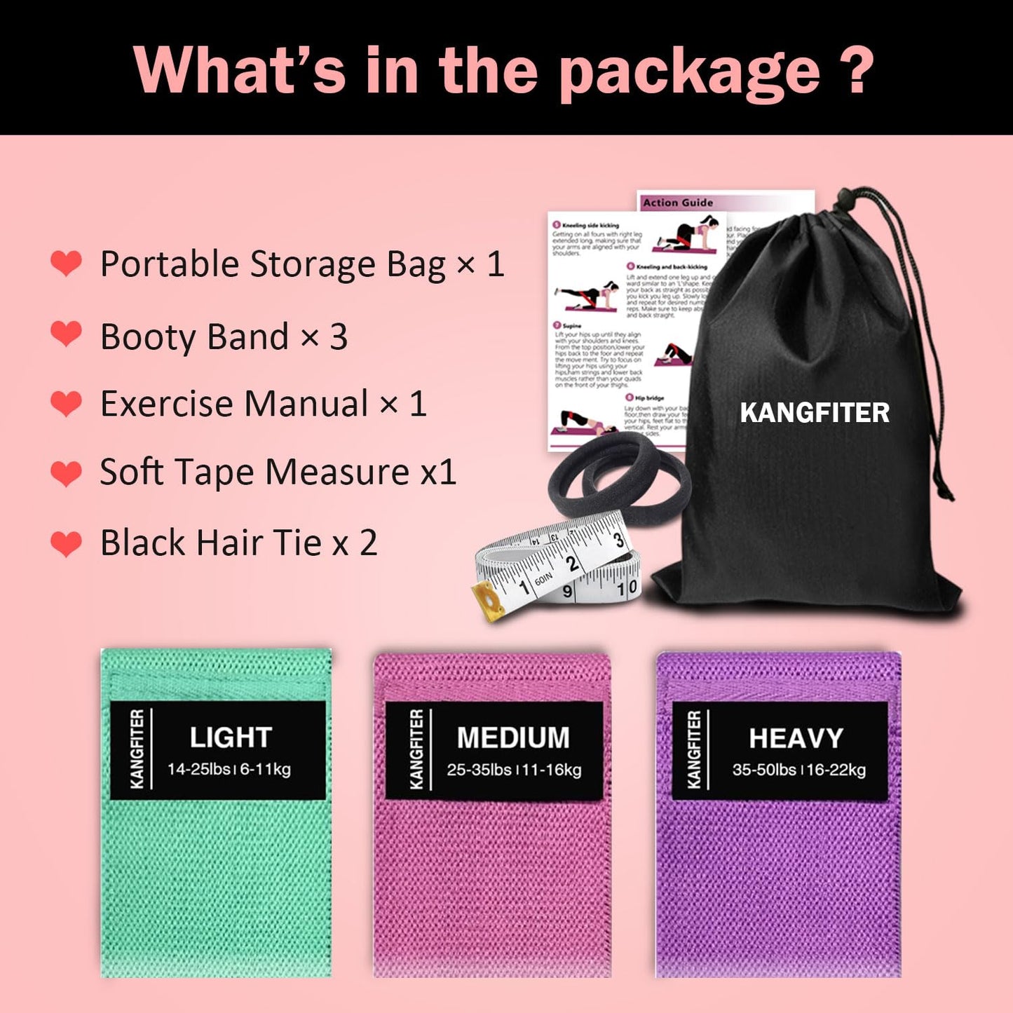 KANGFITER Non-Slip Fabric Resistance Bands for Working Out, Loop Exercise Bands for Booty Leg, Butt, Glute, Workout Bands with Tape Measure and Hair Ties for Home Gym Fitness, Yoga, Pilates