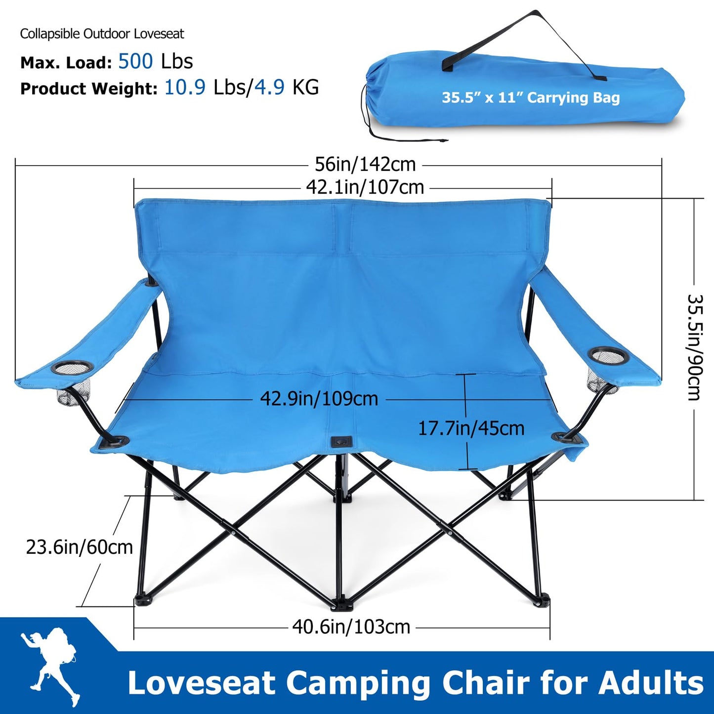 Leonyo Double Folding Camping Chair with Grey Table, Outdoor Portable Loveseat Lawn Chairs for Adults with Camping Table with Carrying Bag for Beach, Backyard