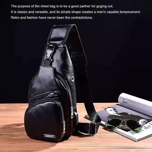 Peicees Pack of 2 Medium Leather Sling Bag Mens Crossbody Bag Chest Bag Sling Backpack for Men with USB Charge Port, Dark Brown&Black
