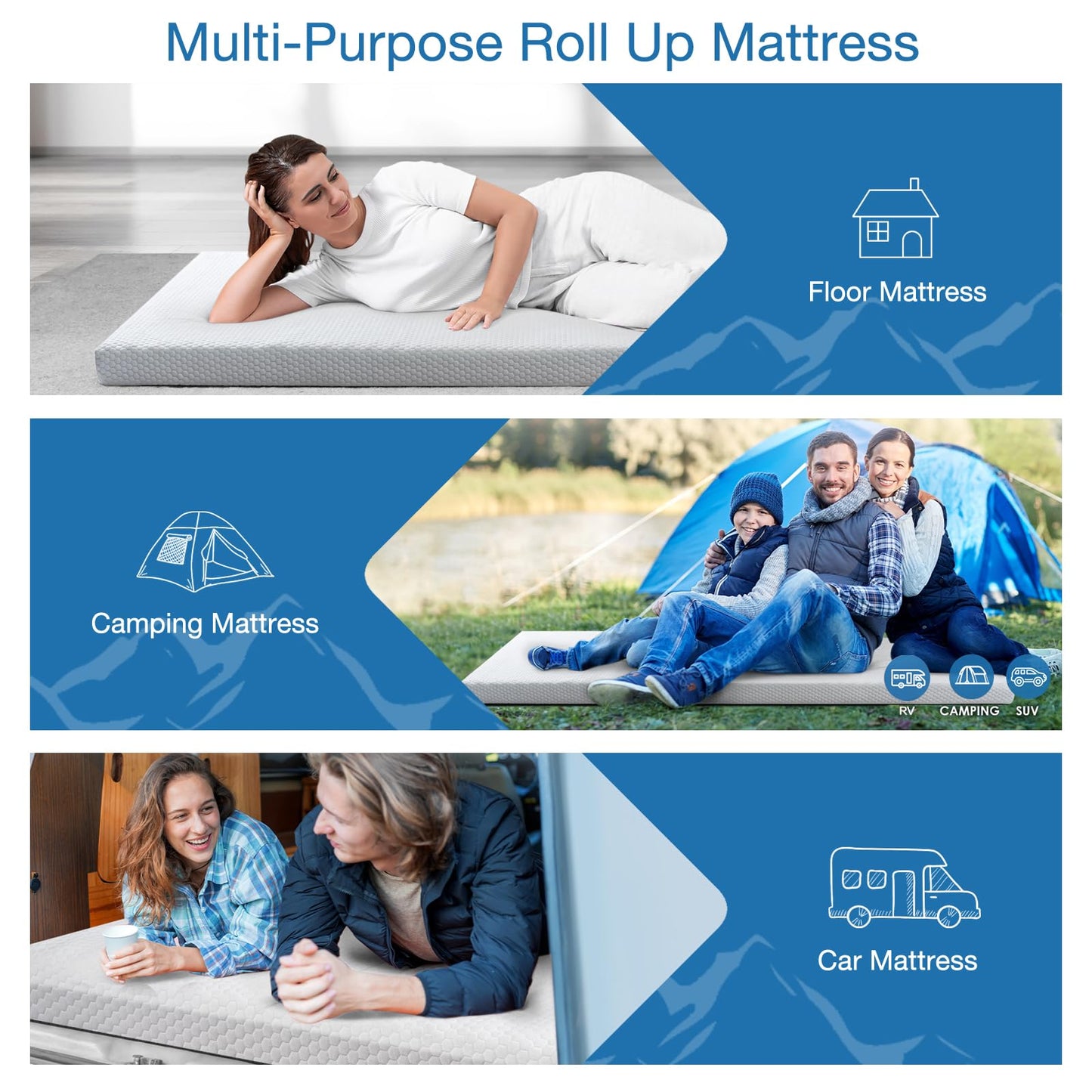 KingChii Memory Foam Camping Mattress, Portable Roll Up Sleeping Pad for Road Trip, Floor Mat Roll Up Futon Mattress for Guests Sleepoverr