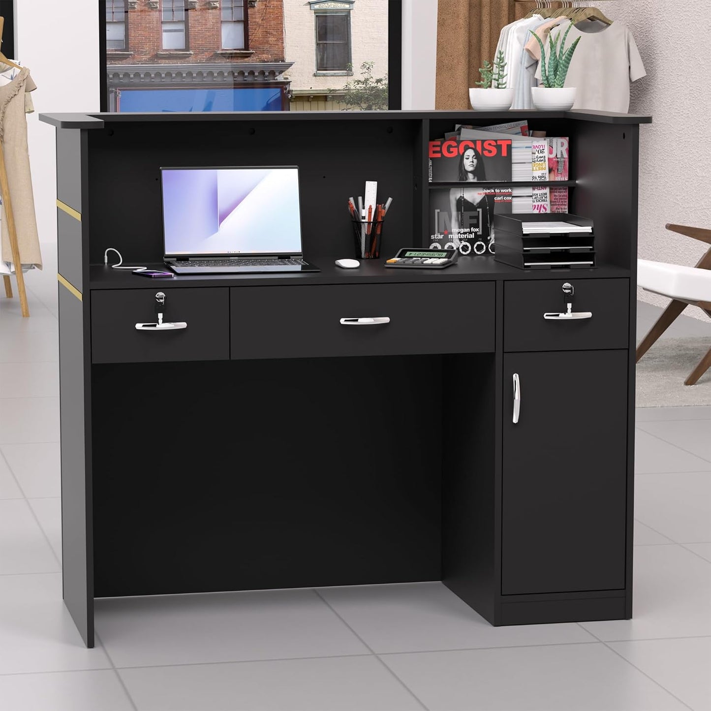 AHB Reception Desk with Counter, Modern Front Table Equipped Lockers & Storage Shelves, 50-inch Checkout Counter with LED Lights & DIY Stripe for Lobbies, Salons, Retail, Home Offices, Reception Room