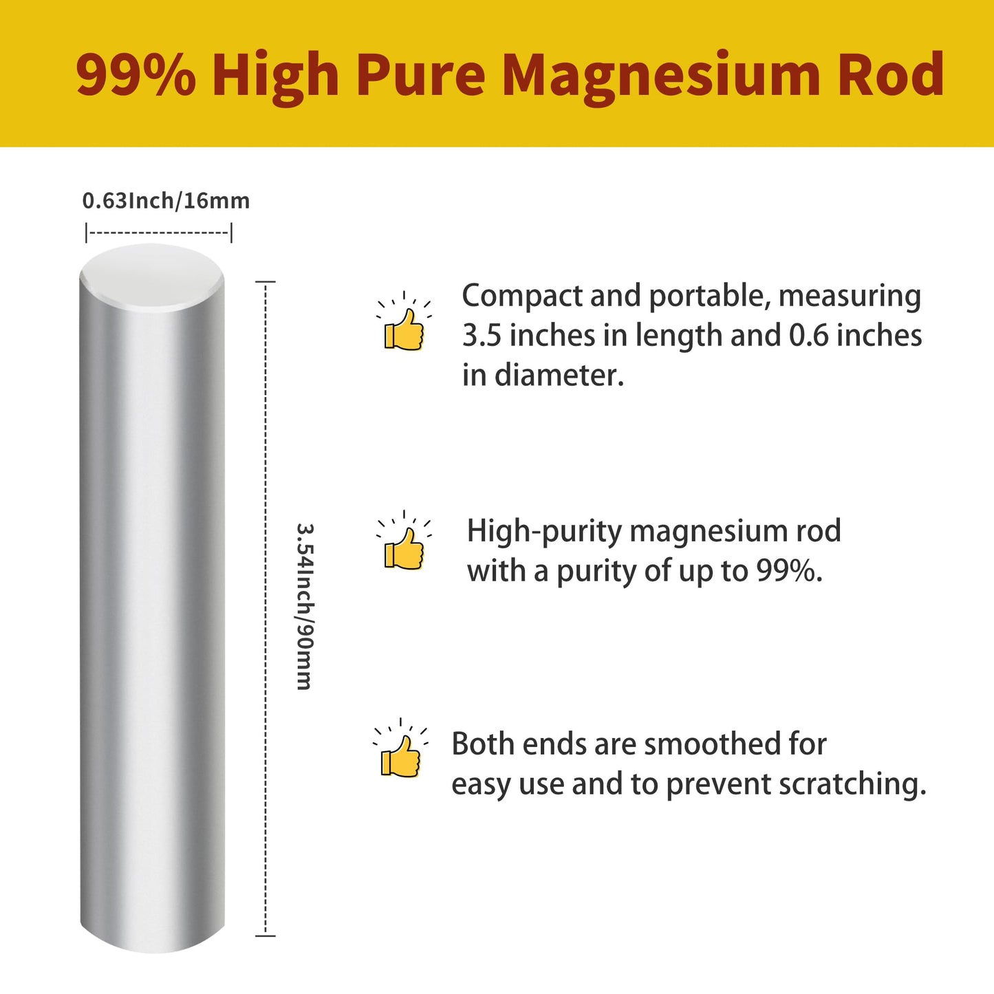 3 Pieces Magnesium Fire Starter Rods, 99% High Purity Magnesium Metal Rod, 3.5" x 0.63" – Ideal Mg Fire Starter for Survival, Emergency Sparks, Outdoor Camping Hiking (900mm x 16mm)