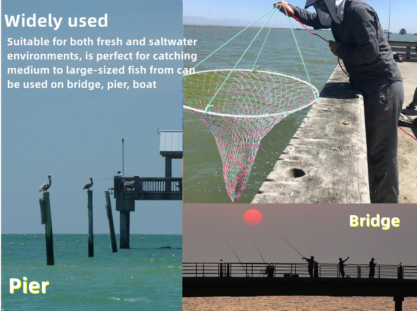 32in x 37in Folded Bridge and Pier Fishing Net, More Coarse Soft Steel Hoop, Colourful Dual-Line Construction,Heavy-Duty Fishing Cast polyethylene Fiber line Mesh Net, Drop Net/Rope/Storage Bag