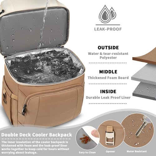 SINVICKO Dual Compartment Backpack Cooler, 12 x 6.6 x 17.3 inch, Apricot & Khaki, Polyester