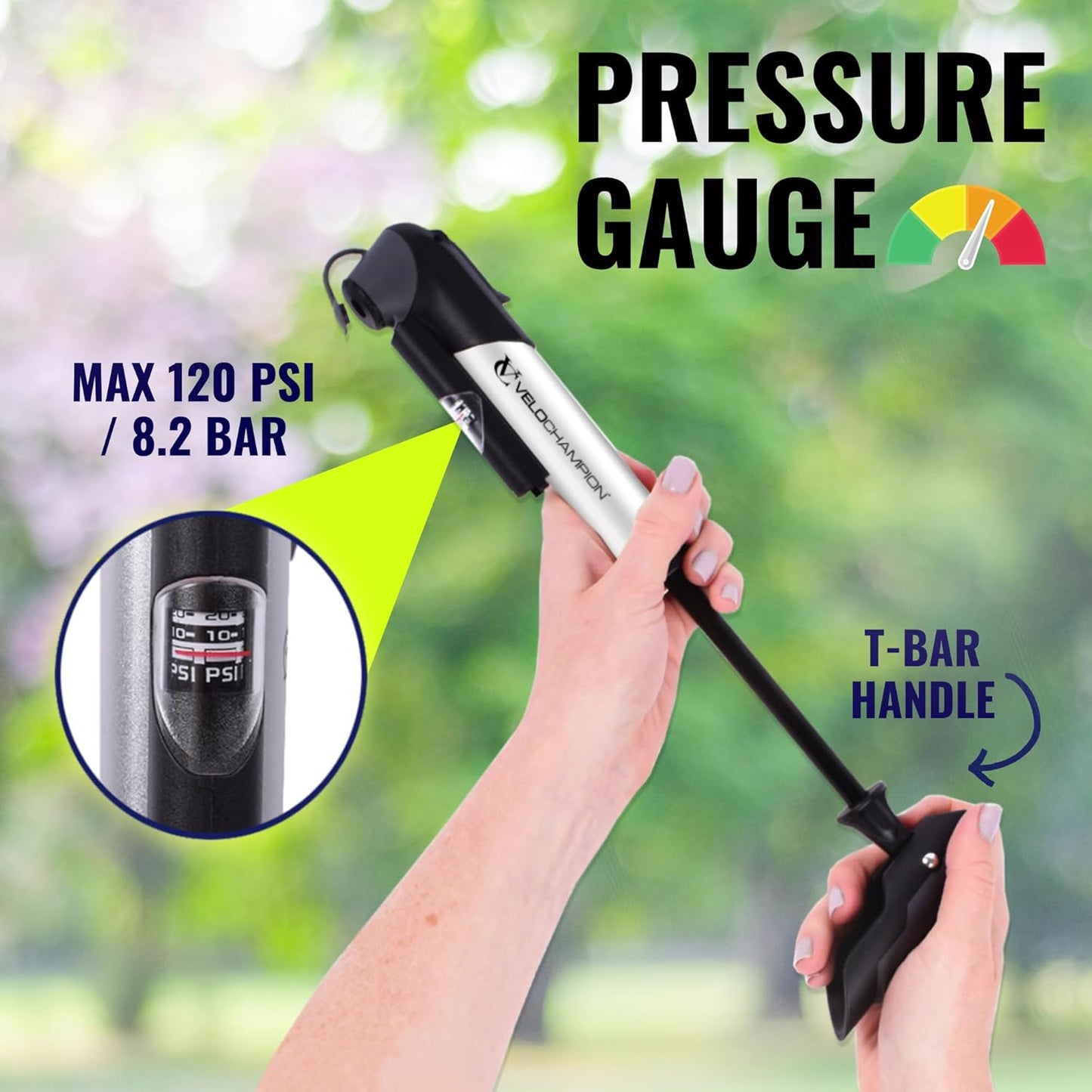 VeloChampion Alloy Mini Bike Pump Suitable for Presta, Schrader and Dunlop - Portable, Compact, Durable and Easy to Use
