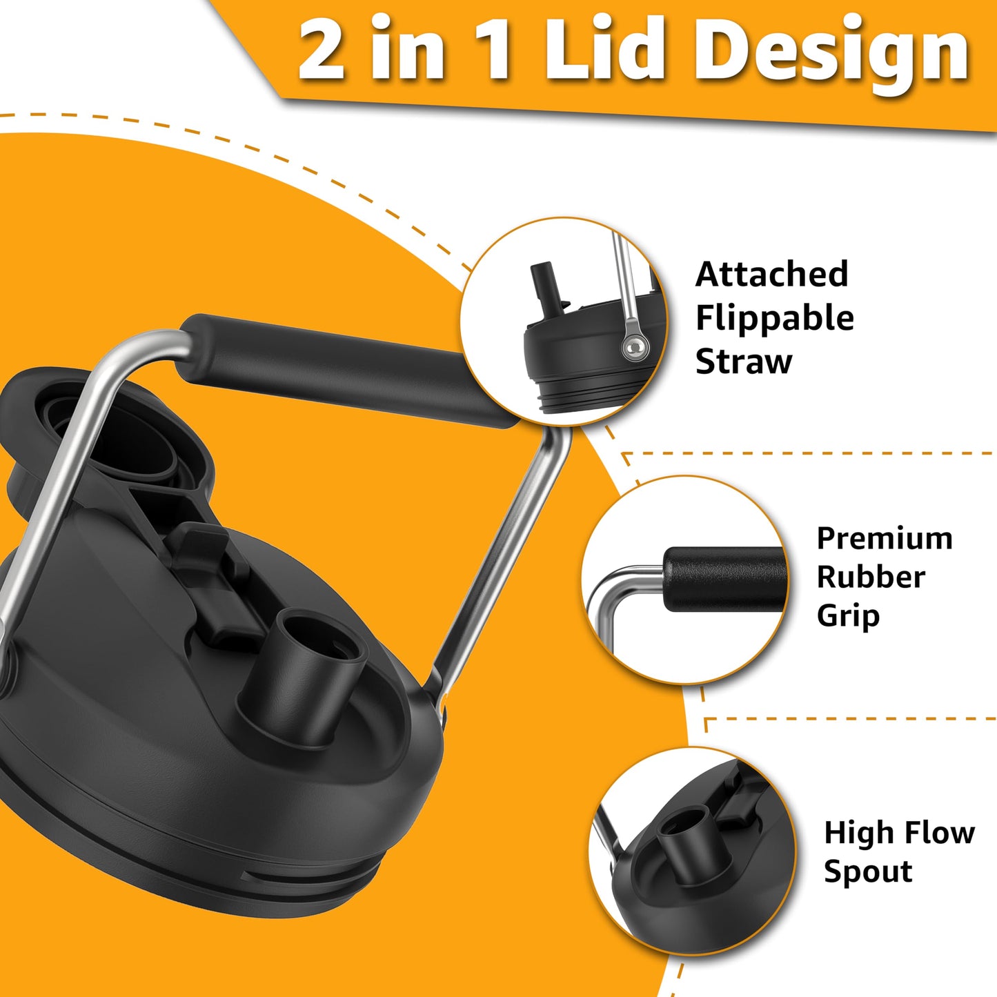 Jmoe USA Improved Jug Lid for Yeti Half Gallon and One Gallon Rambler Jugs | 2 in 1 Replacement Lid | Large Chug Spout and Leakproof Flip Straw | BPA Free Plastic | Includes 4 Straws