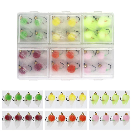 24pcs Fly Fishing Flies Kit Brass Beadhead Glo Bug Egg Floating Fly Lure for Salmon, Steelhead, Trout, Fishing Accessories