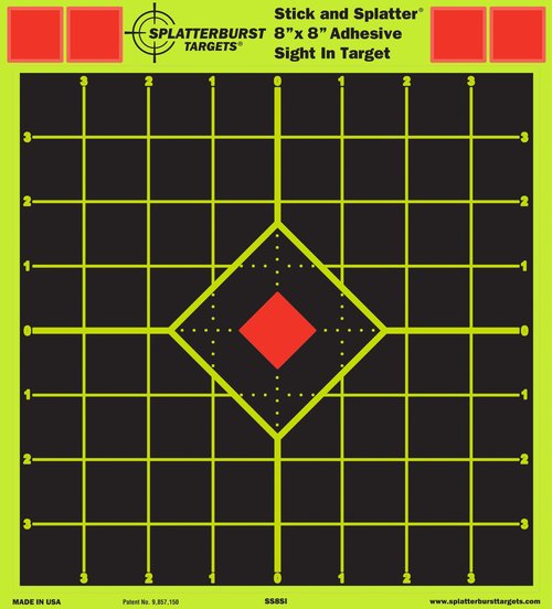 Splatterburst Targets - 8 x 8 inch Sight in Stick & Splatter Adhesive Shooting Targets - Shots Burst Bright Fluorescent Yellow - Great for All Firearms, Airsoft & Pellet Guns - Made in USA (25)