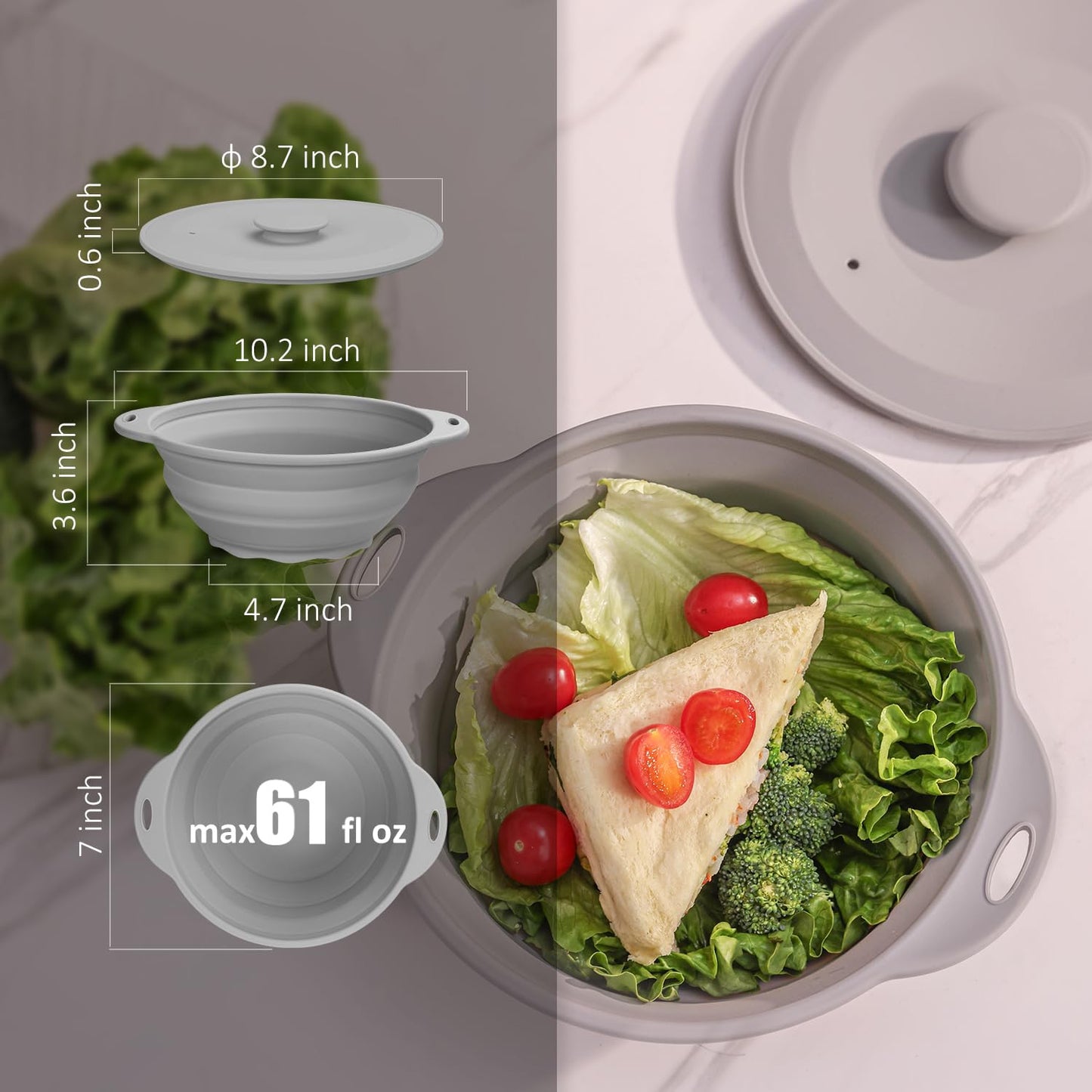 Jovilife Collapsible Bowl Set 64 oz Collapsible Salad Bowl Collapsible Bowl with Lid Silicone Foldable Bowl Camping Bowl Set (Grey), Large, Gray