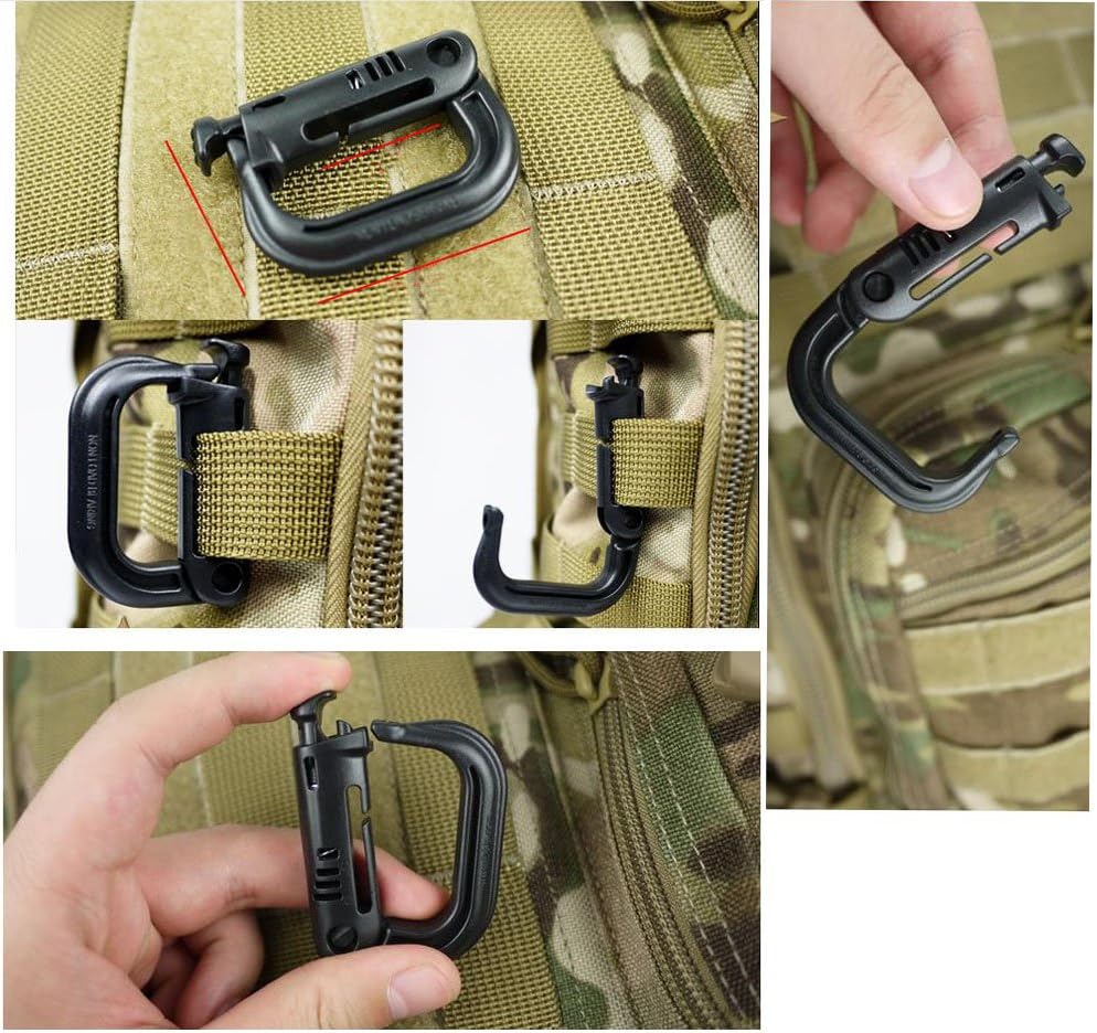 Jadedragon Multipurpose Tactical 360 Rotation D-Ring Clips/Locking Carabiner/Hydration Tube Clips/Elastic String Strap Management Tool for MOLLE Webbing Attachment Backpacks
