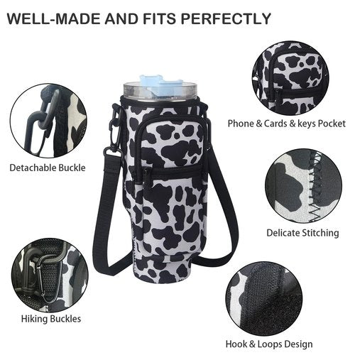 PETSTAY Water Bottle Carrier Bag with Phone Pocket for Stanley Quencher H2.0 & Adventure 40oz Tumbler, Adjustable Shoulder Hand Strap, Accessories for Walking Hiking Travelling Camping (Cow)