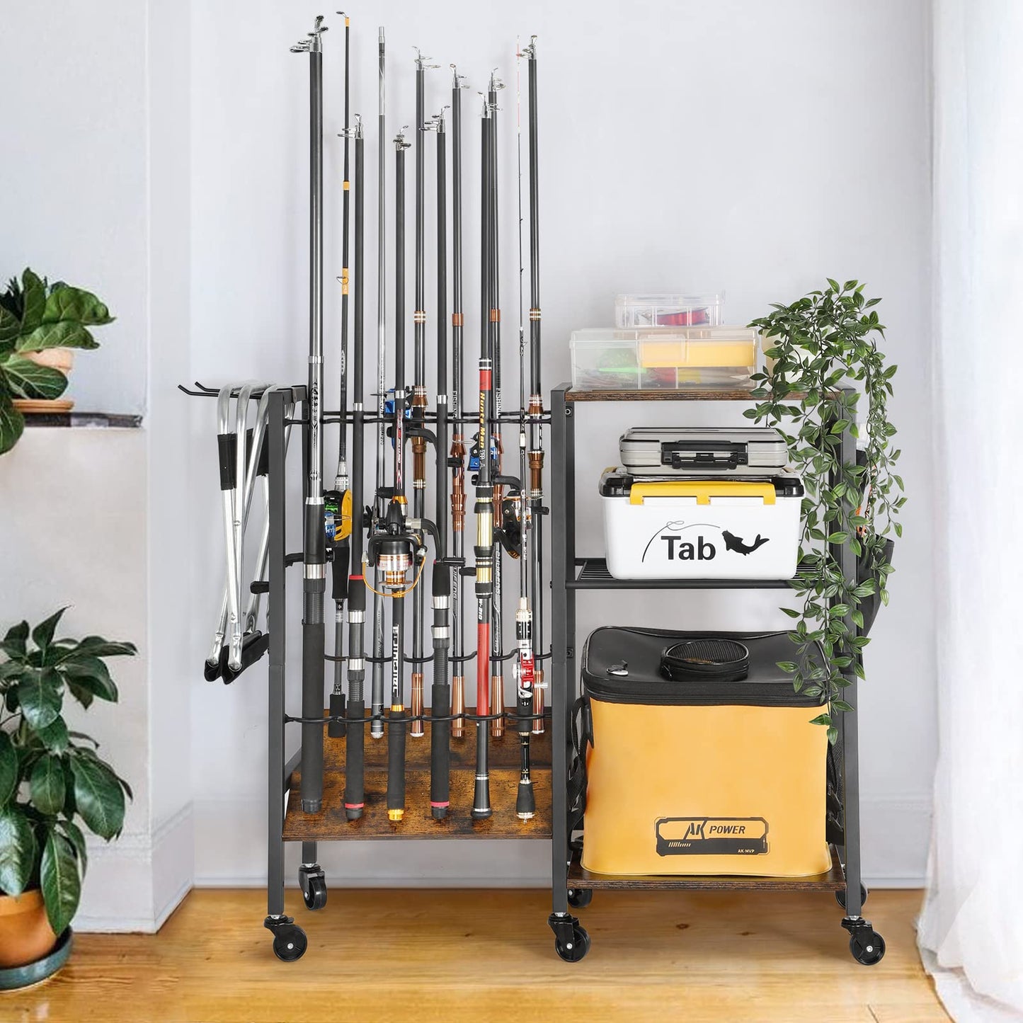 Olakee Fishing Rod Holders for Garage - Fishing Pole Holders up to 12 Rods, Fishing Gear Equipment Organizers Rod Tackle Cart for Home Entryway Corner