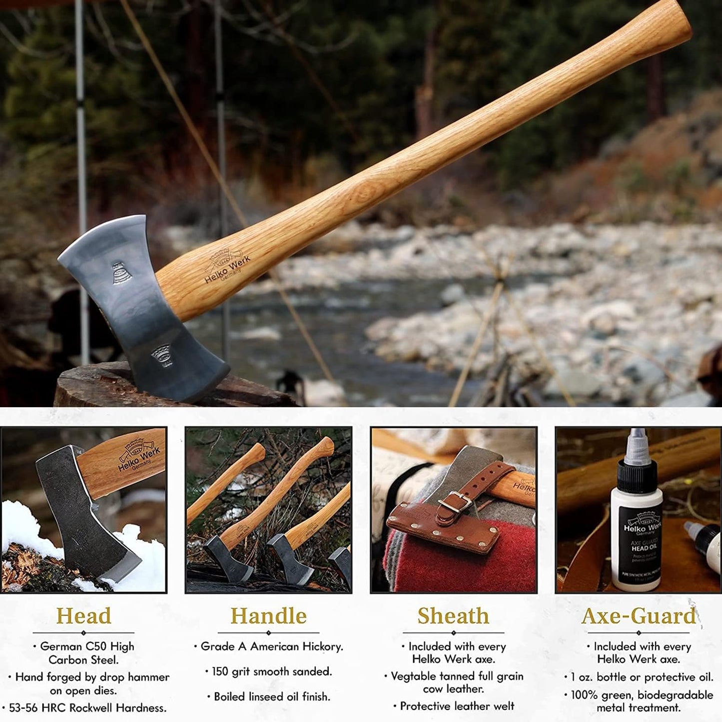 1844 Helko Werk Germany Classic Journeyman Pack Axe - Made in Germany Lightweight and Compact Backpacking Axe and Bushcraft Axe for Camping - Head 1.5 lbs, Handle 20 in. (Journeyman) #11441