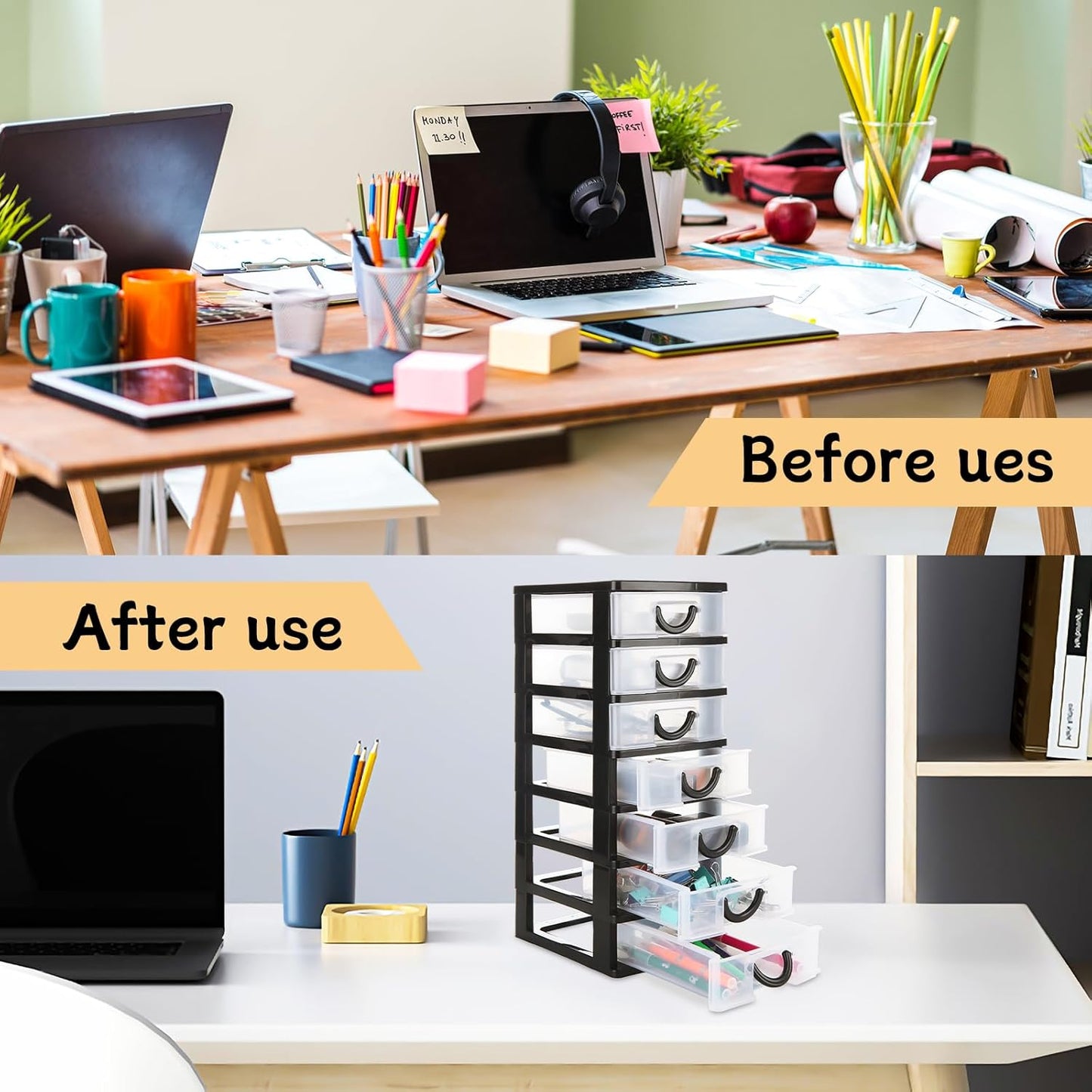 LANIAKEA 2PCS Plastic Drawers Organizer 13.7x5.1x6.7inch Stackable Plastic Drawer Storage Containers with 7 Clear Drawer Units Desktop Storage for Craft, jewelry (Black)