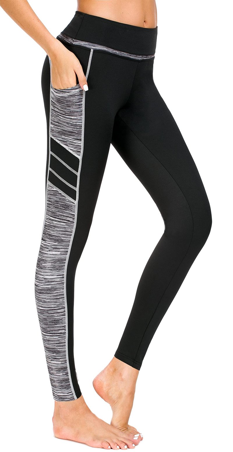 Sugar Pocket Women's High Waist Yoga Leggings Tummy Control Workout Running Pants with Side Pockets LS(Black/Grey)