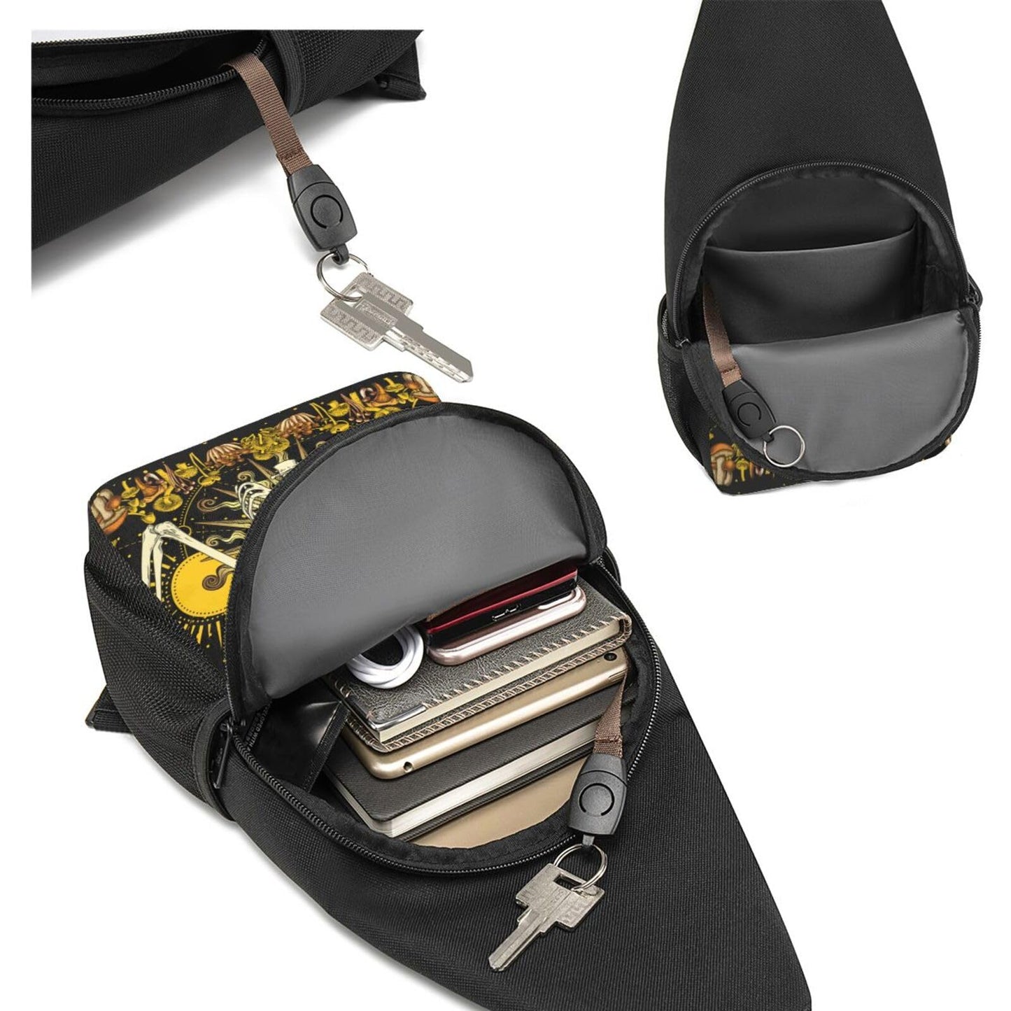 FREEHOTU Mushroom Skeleton Burning Sun Plants Sling Backpack Travel Daypack Chest Bag Crossbody Shoulder Bag