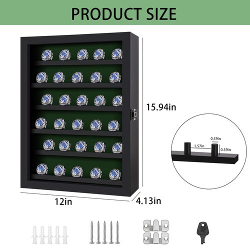Grintus Ring Display Case - 30 Posts Baseball, Wooden Shadow Box, Lockable Door, Multiple Sports Rings, Black
