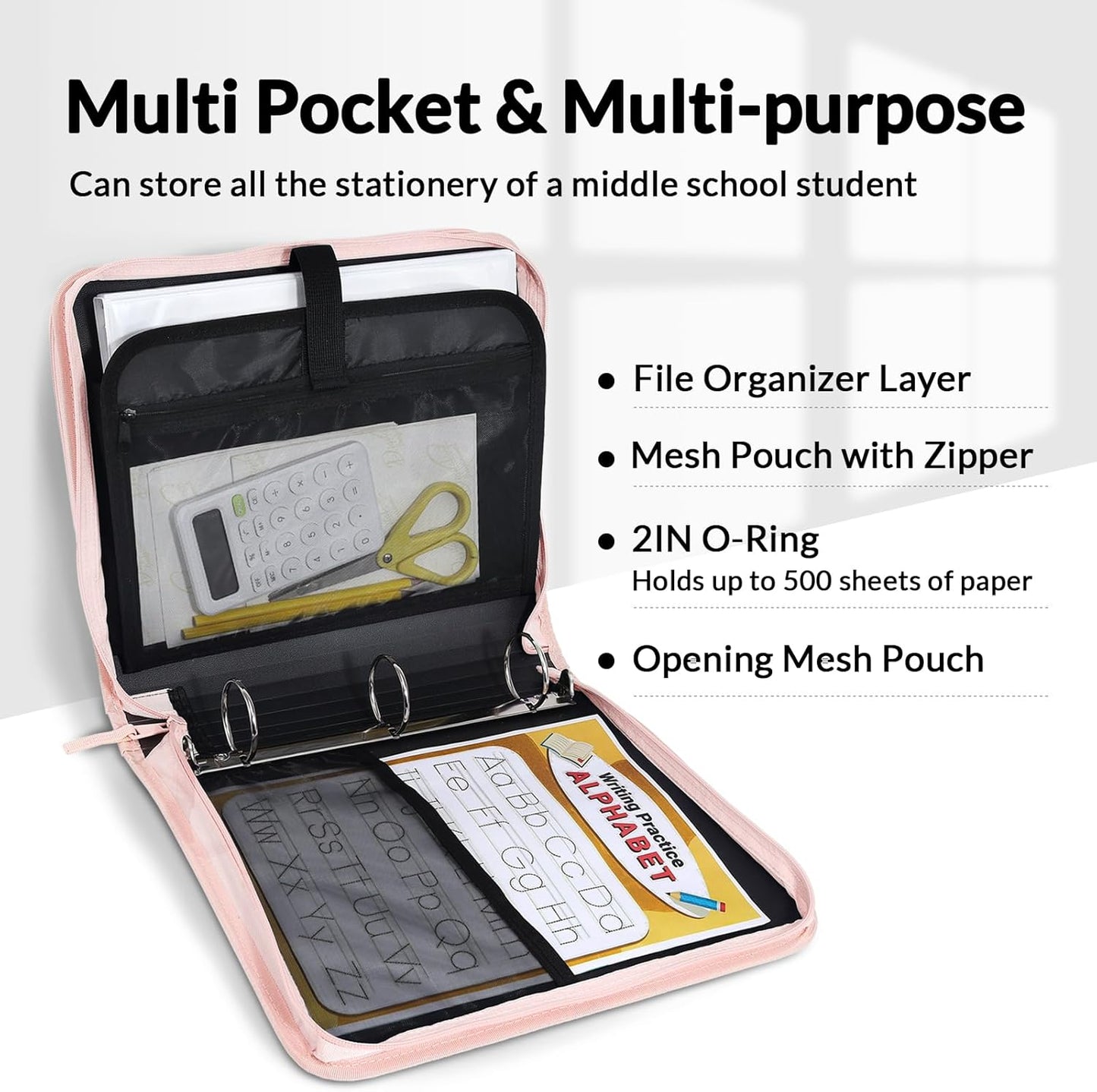 SUNEE Zippered Binder Bag with Handle, 2-Inch 3-Ring O-Ring, 500-Sheet Capacity, Includes Zip Pocket, 5-Tab Expanding File Folder, Multi-Pocket Organizer Binder for Middle School, Pink Lotus