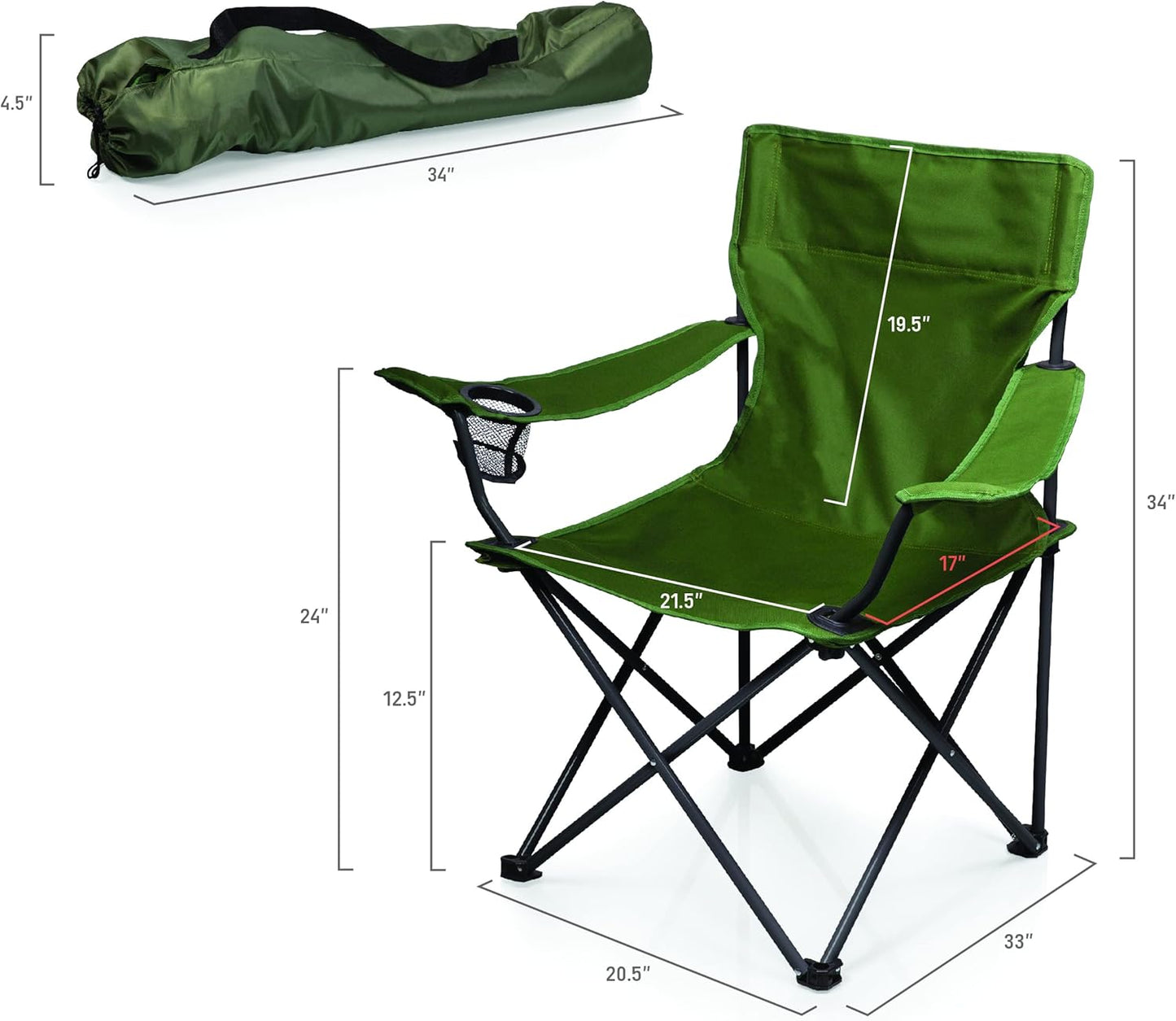 Picnic TIME PTZ Camp Chair, Picnic Chair, Beach Chair with Carrying Bag