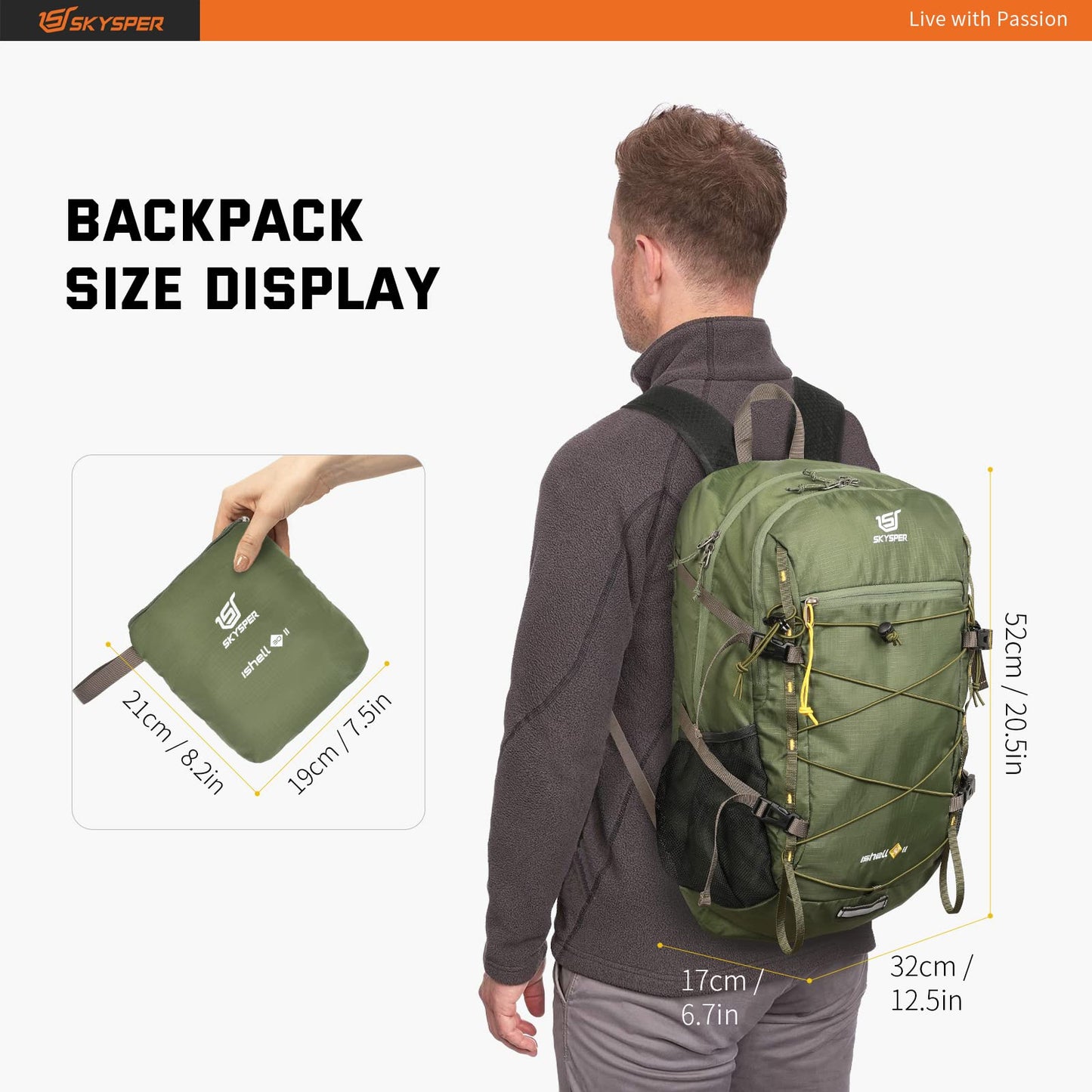SKYSPER Packable Hiking Backpack 30L Lightweight Daypack Travel Backpacks for Women Men(Green)
