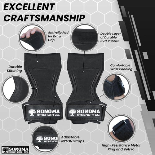 Sonoma Strength Co Weight Lifting Grips Heavy Duty Gloves Alternative Wrist Strap with Padded Wrist Support & Maximum Grip - Gym Straps for Weightlifting, Powerlifting, Deadlift, Crossfit, Pullup Grip