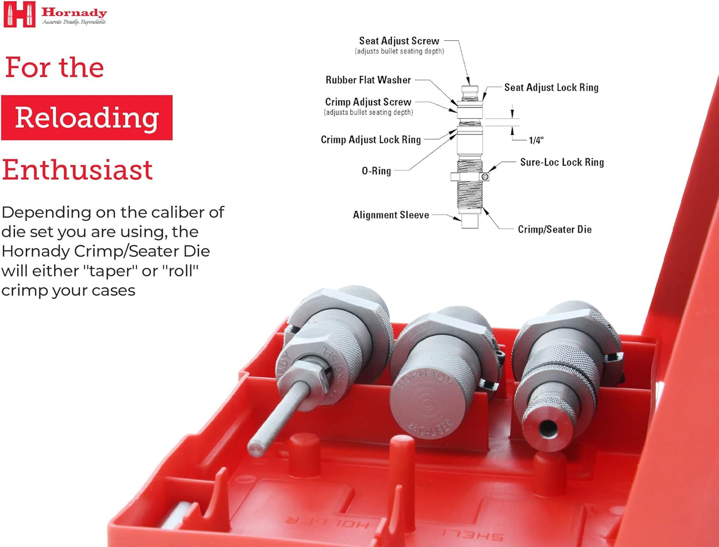 Hornady Custom Grade New Dimension 3-Die Set - Caliber Specific Reloading Equipment for Handloaders with Full Length Sizer Die, Seating Die, Sure-Loc Rings, & Storage Box