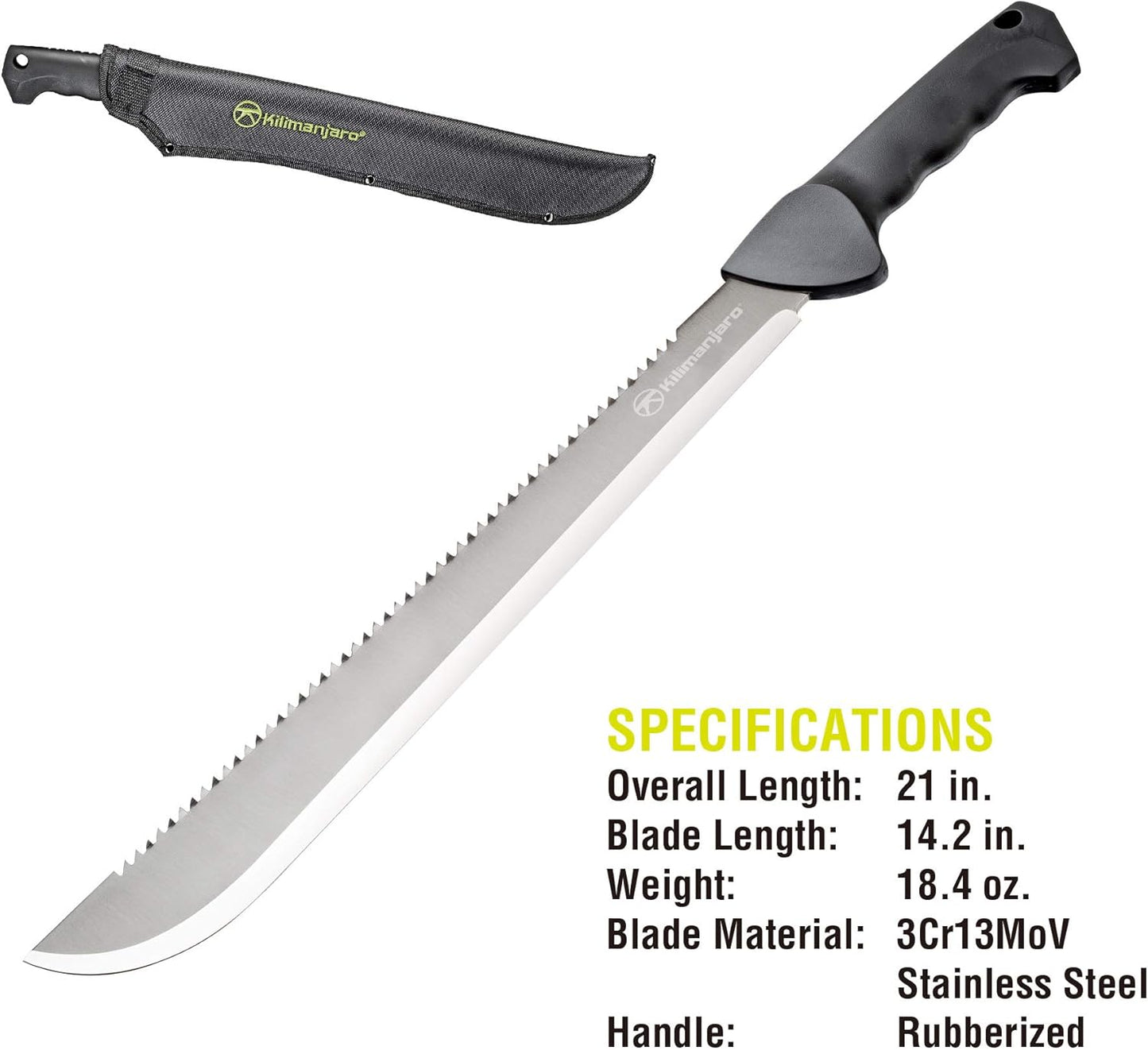 Kilimanjaro 21 Inch Stainless Steel Machete with Serrated Back and Black Finish, Outdoor Survival, Cutting, Hiking, Camping, Outdoor Adventures - 910040