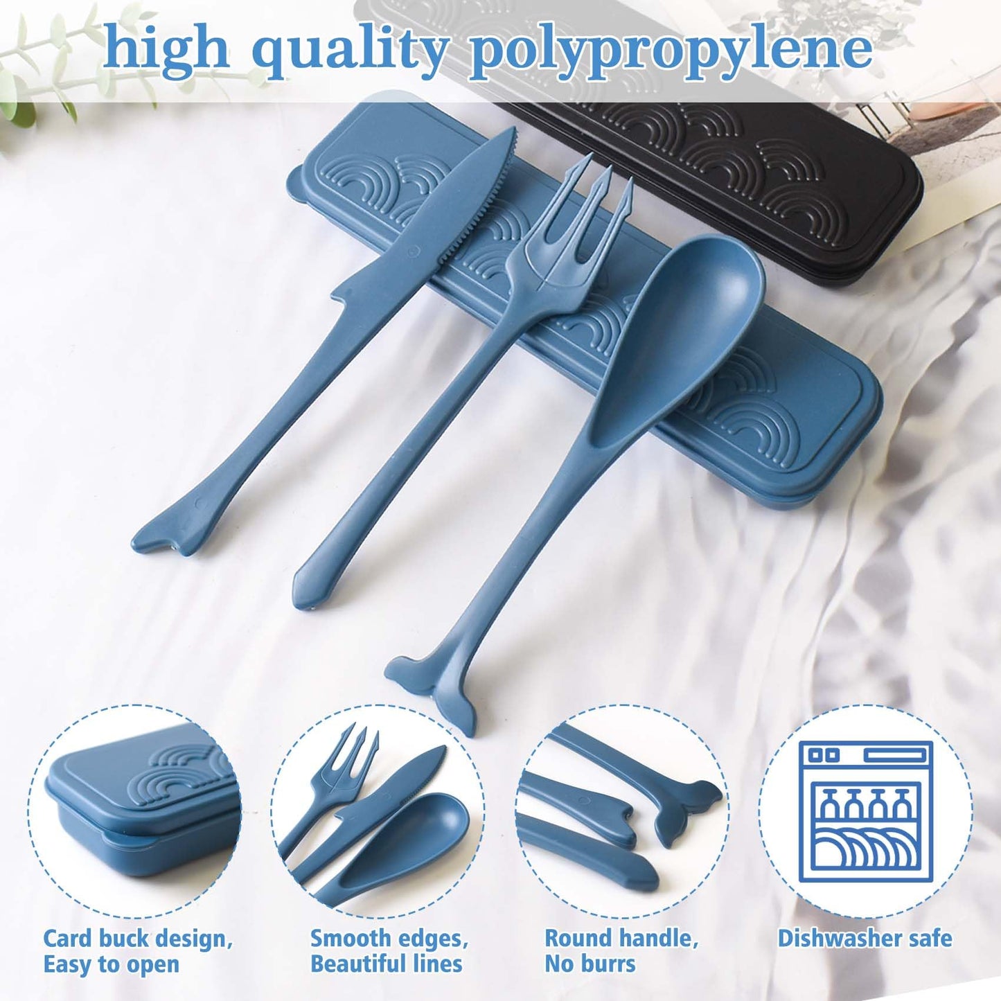 2 Sets Reusable Utensils Set with Case, Plastic Lunch Box Utensils Set for Kids, Travel Cutlery Set for Ocean Party Decorations Picnic or Daily Use (Blue, Black)