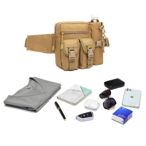 Piscorush Tactical Waist Pack with Water Bottle Holder Versatile and Waterproof Military Fanny Pack Utility Belt for Outdoor Hiking Camping Fishing (Khaki)