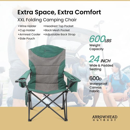 ARROWHEAD OUTDOOR Oversized XXL Portable Folding Camp Chair w/Glass & Cup Holders, Armrest Cooler, Heavy Duty Carry Bag, 600 lbs Weight Capacity