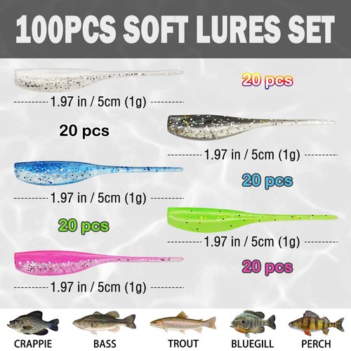100pcs Crappie Lures Kit, Crappie Jig Heads and Crappie Baits Soft Plastic Fishing Lures for Crappie