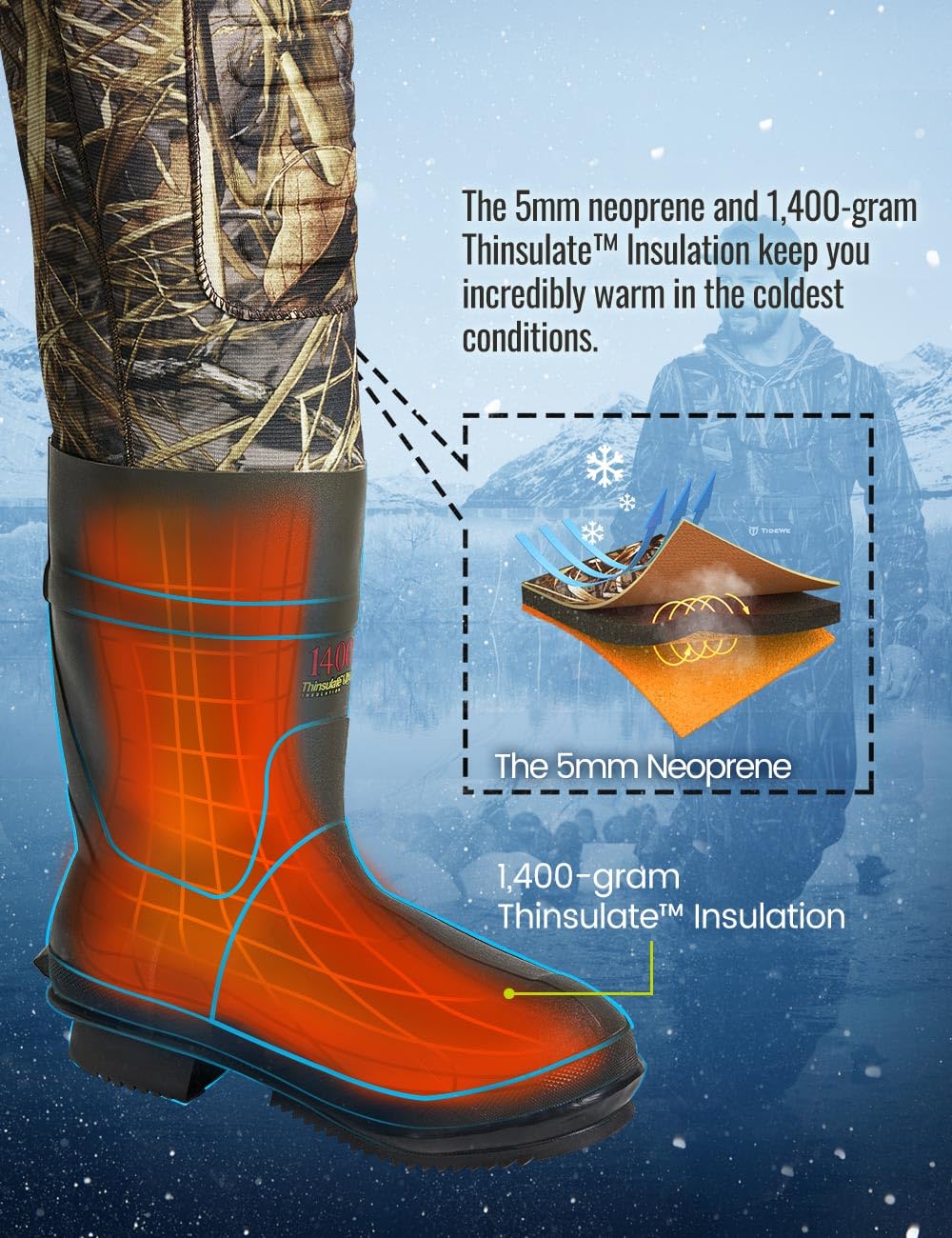 TIDEWE Hunting Wader, 5mm Neoprene Chest Waders with 1400 Gram Insulation Rubber Boots, Waterproof and Seam Sealed Bootfoot Chest Wader for Fishing and Hunting (Next Camo Evos Size 11)