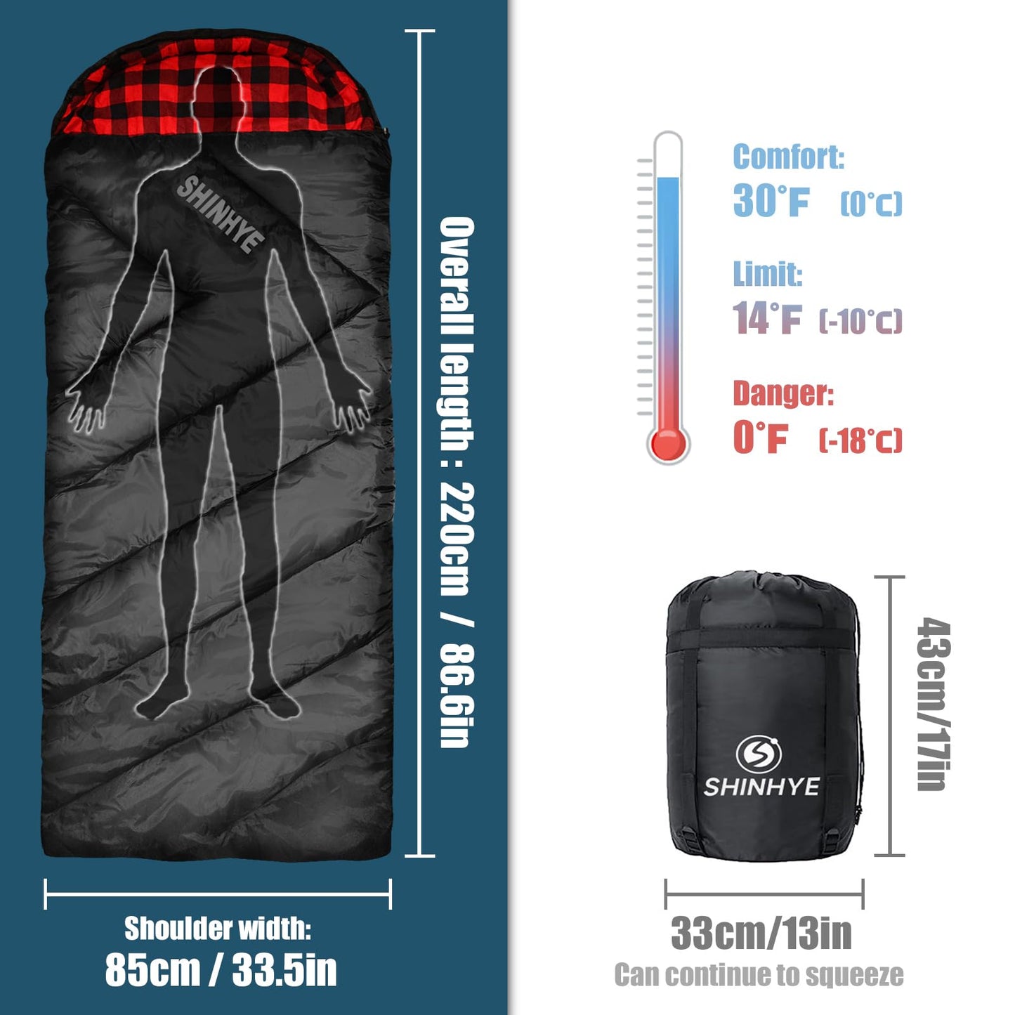 ShinHye 0 Degree Sleeping Bag for Adults - Cotton Flannel 4 Season Cold Weather Winter, XXL Big and Tall Camping Sleeping Bag with Compression Sack (Black, 90"×35" Right Zip)