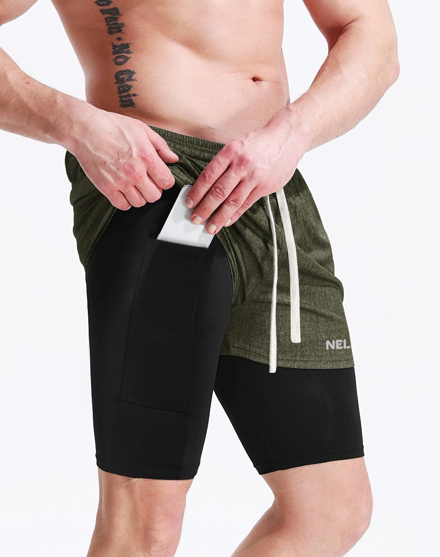 NELEUS Men's 2 in 1 Athletic Running Shorts with Liner and Pockets,6071,Dark Grey(Black),Olive Green,Light Grey,3 Pack,M
