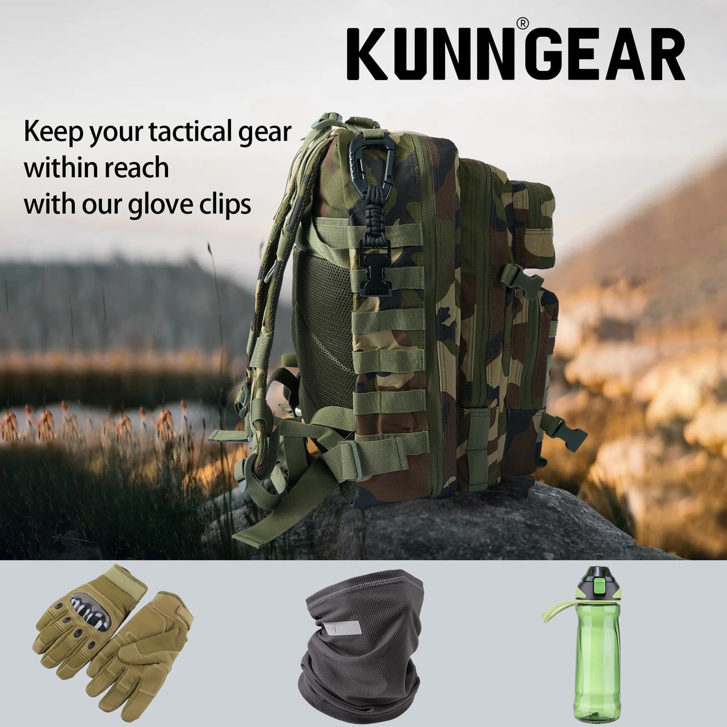 KUNN Glove Clips with Plastic Carabiner and Paracord, Metal Alligator Clips for Tactical Backpack, Work Glove Holders, Black