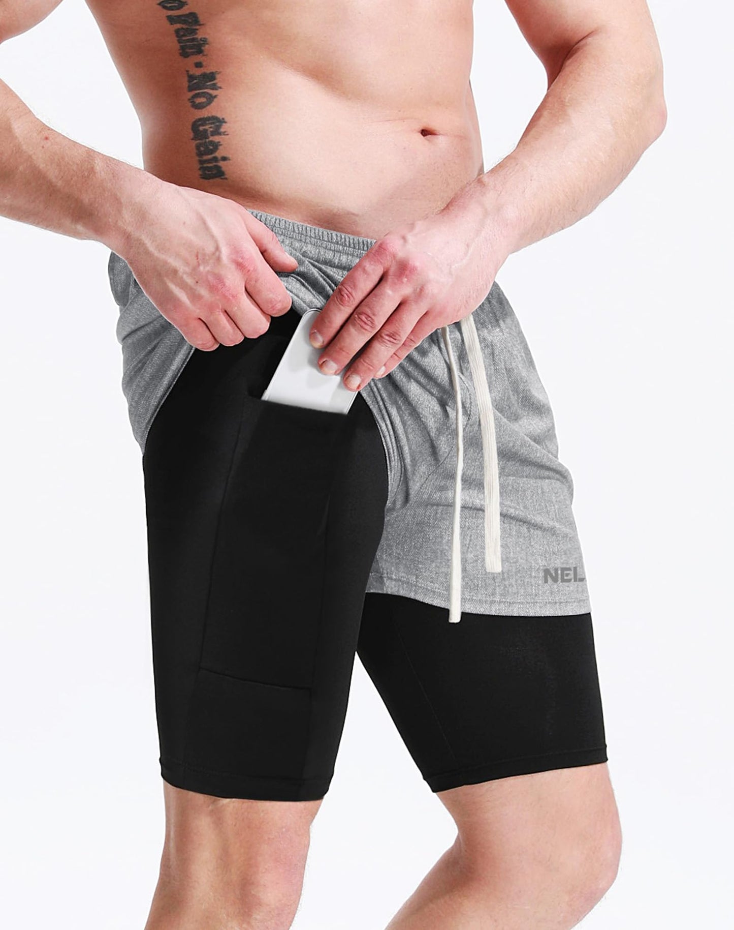 NELEUS Men's 2 in 1 Athletic Running Shorts with Liner and Pockets,6071,Dark Grey(Black),Olive Green,Light Grey,3 Pack,M