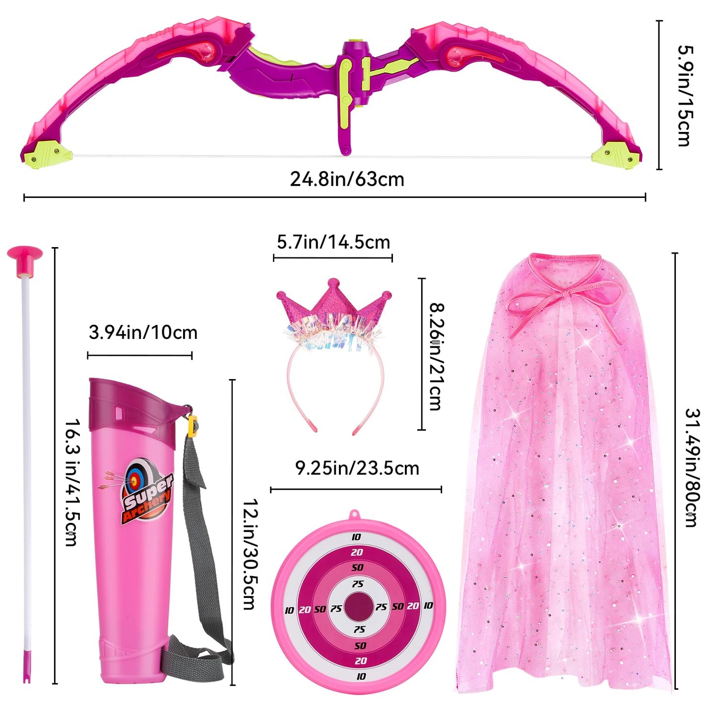 Bow and Arrow for Kids, LED Light Up Archery Set with Princess Cape and Crown, 10 Suction Cup Arrows, Target & Quivers, Outdoor Toy for Girls Aged 3-8, Birthday Gifts Toys for 4 5 6 7 8 Year Old