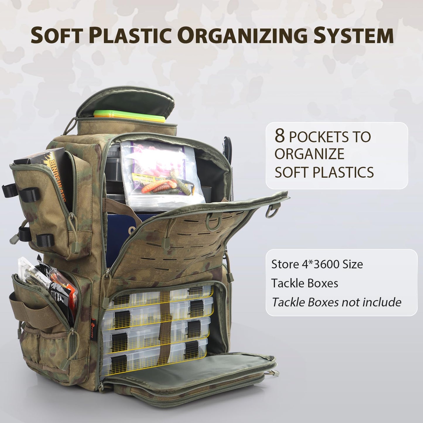 FunVZU Fishing Backpack, Fishing Tackle Backpack with Rod Holders for 4 Boxes (Box Not Included) 45L Waterproof Fishing Gear, Ideal for Men and Women Tackle Box Bag (Forest Green Camo)