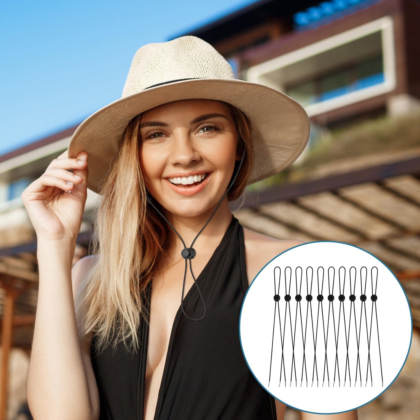10 Pcs Flexible Hat Chin Cord, Adjustable Hat Strap Clips Elastic Hats Removable Chin Cord Anti-Lost Cap Strap Clips Fastener for Golfing Boating Fishing Hat Outdoor(Black)